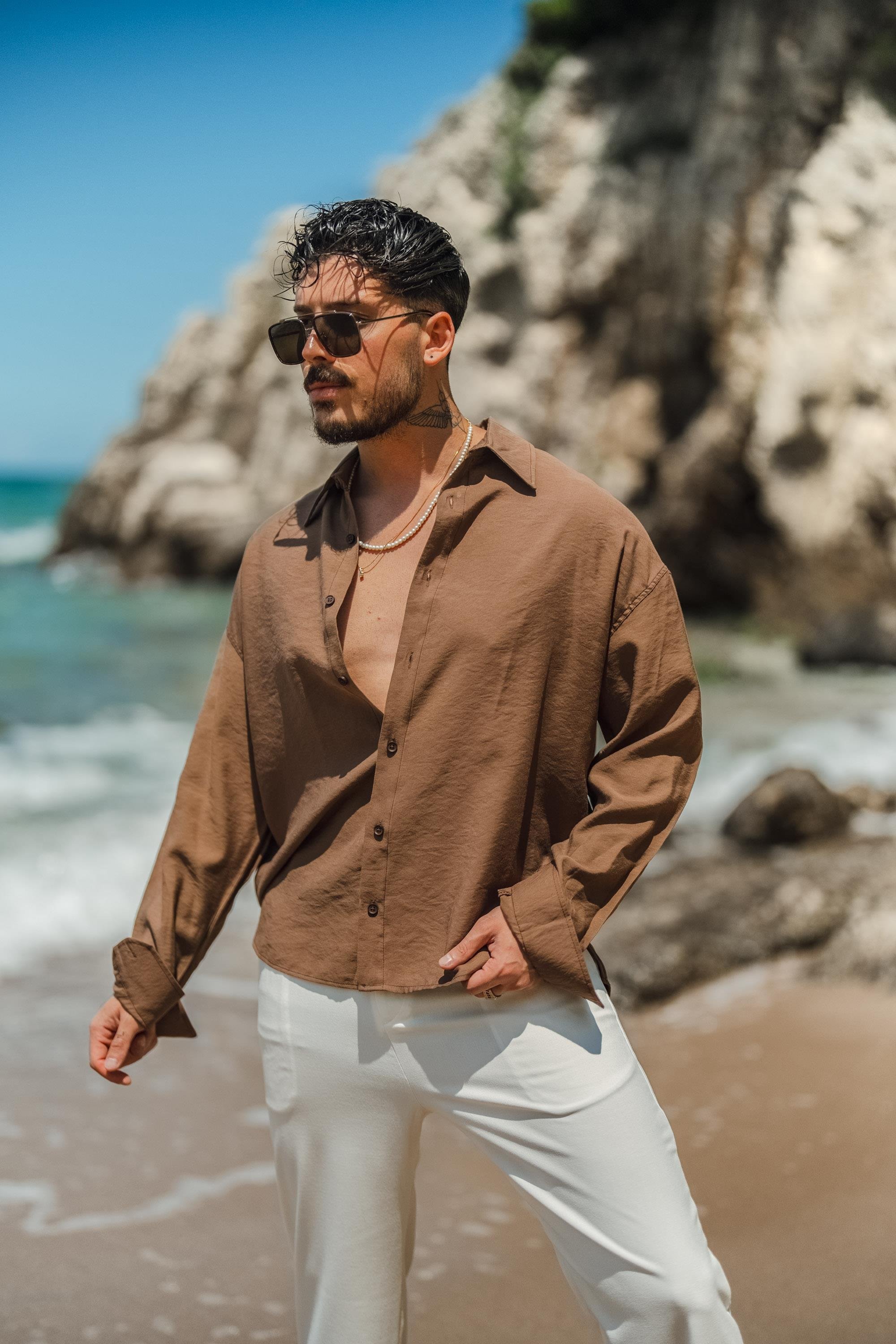 Tensel Kumaş Basic Oversize Gömlek Kahve