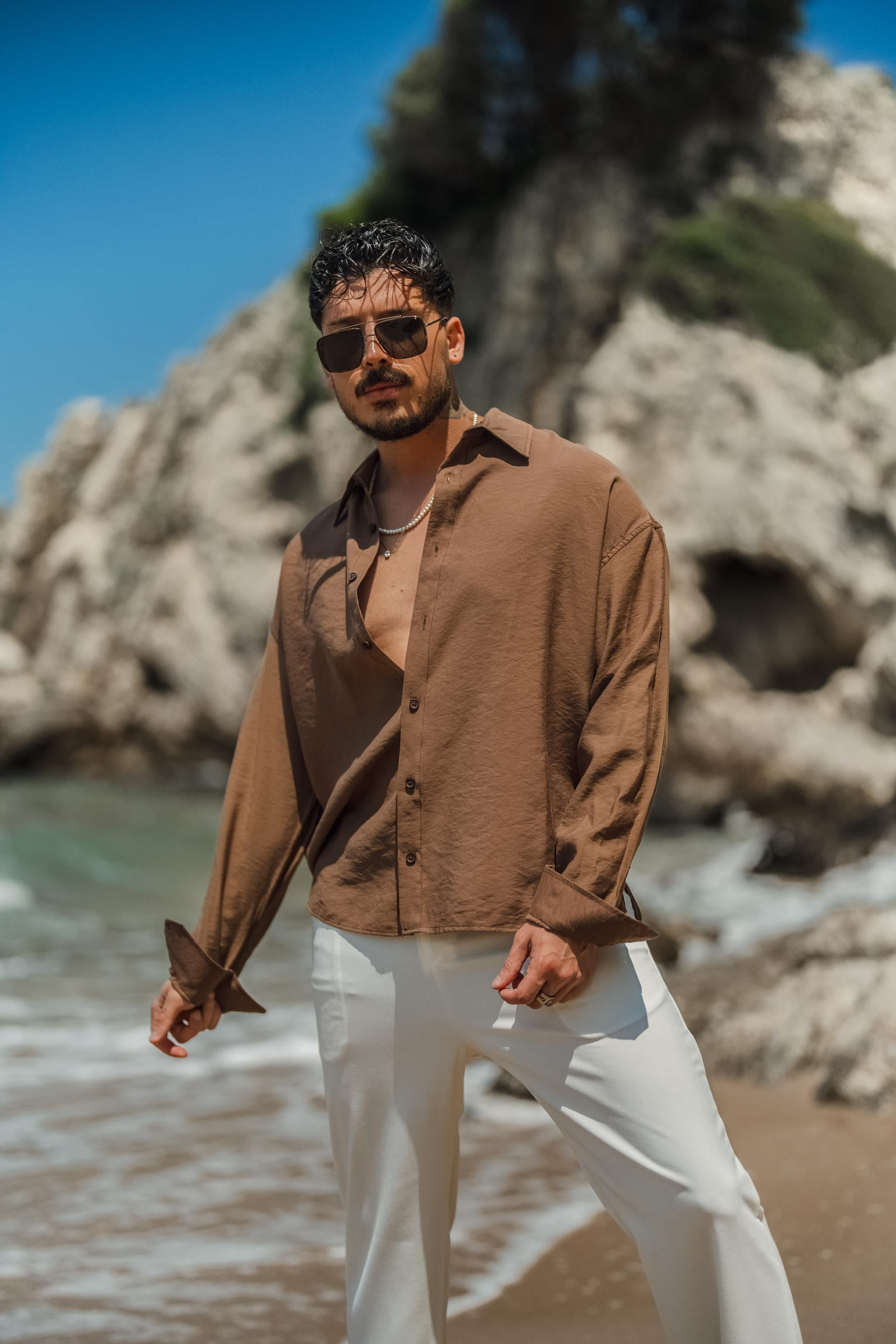 Tensel Kumaş Basic Oversize Gömlek Kahve