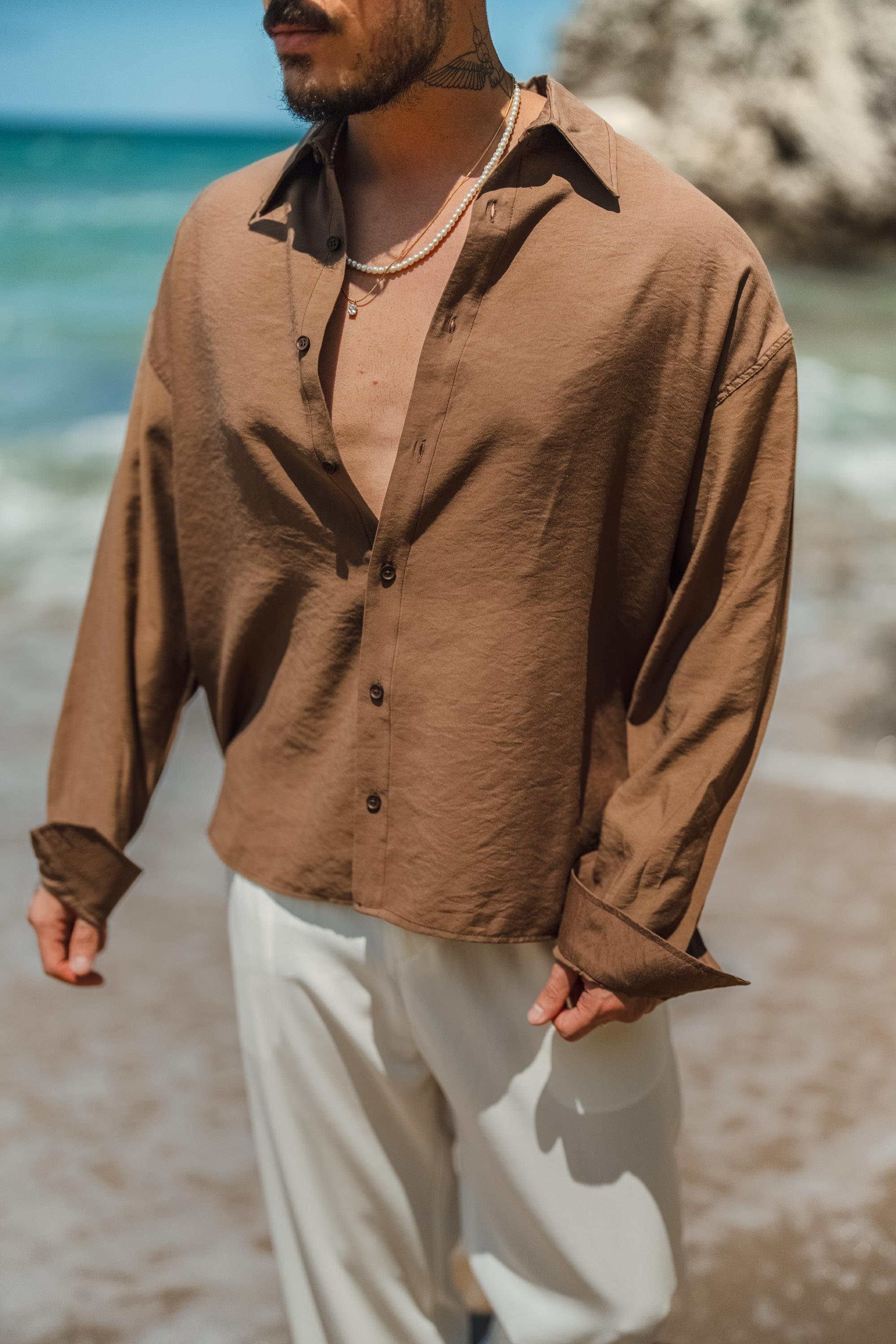 Tensel Kumaş Basic Oversize Gömlek Kahve