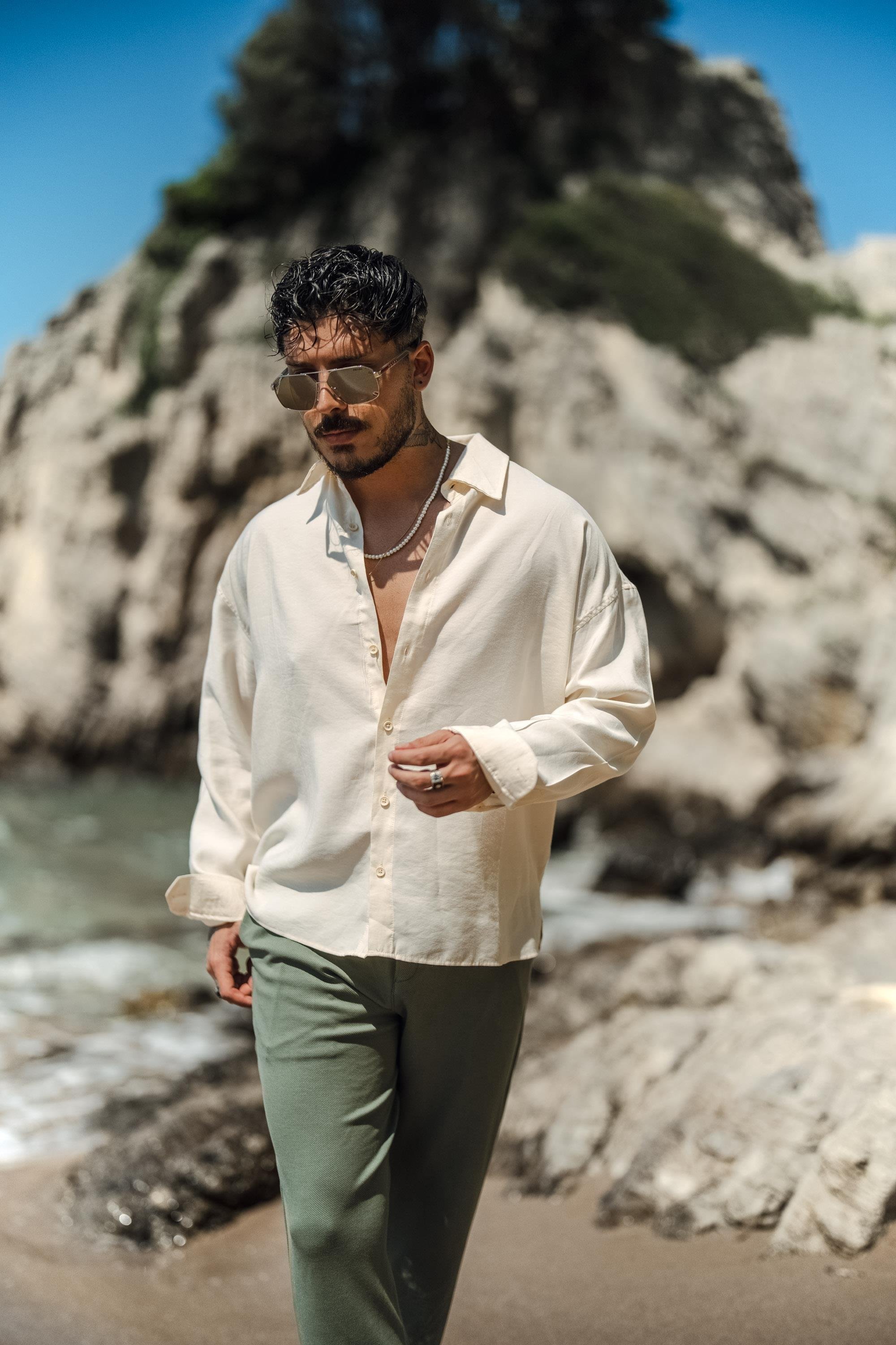 Tensel Kumaş Basic Oversize Gömlek Krem