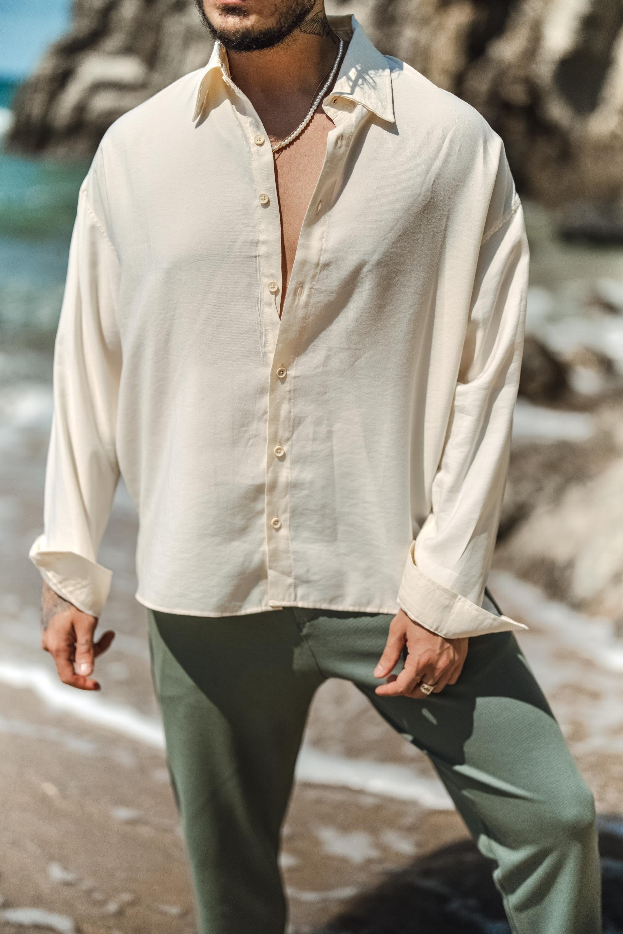 Tensel Kumaş Basic Oversize Gömlek Krem