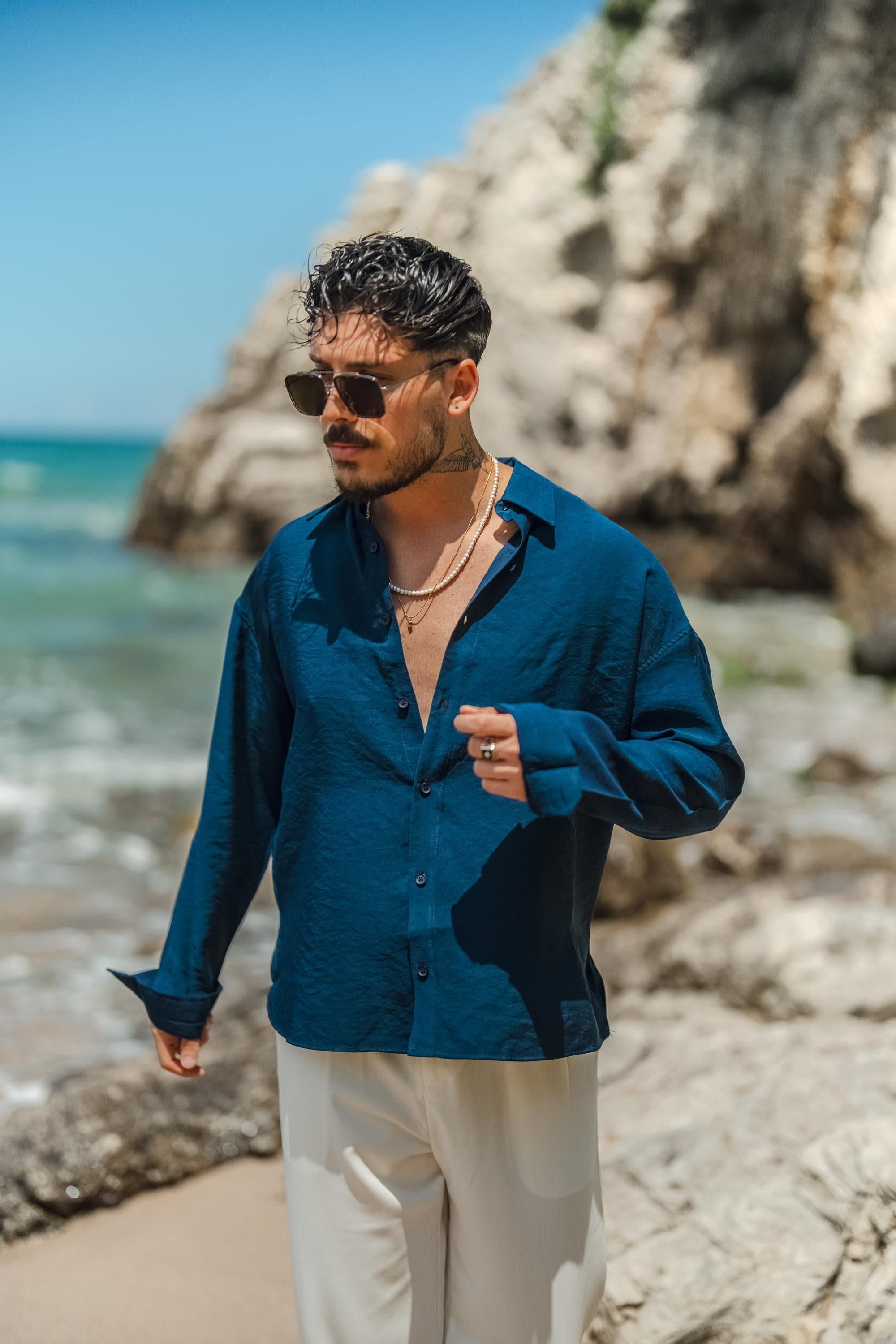 Tensel Kumaş Basic Oversize Gömlek Lacivert