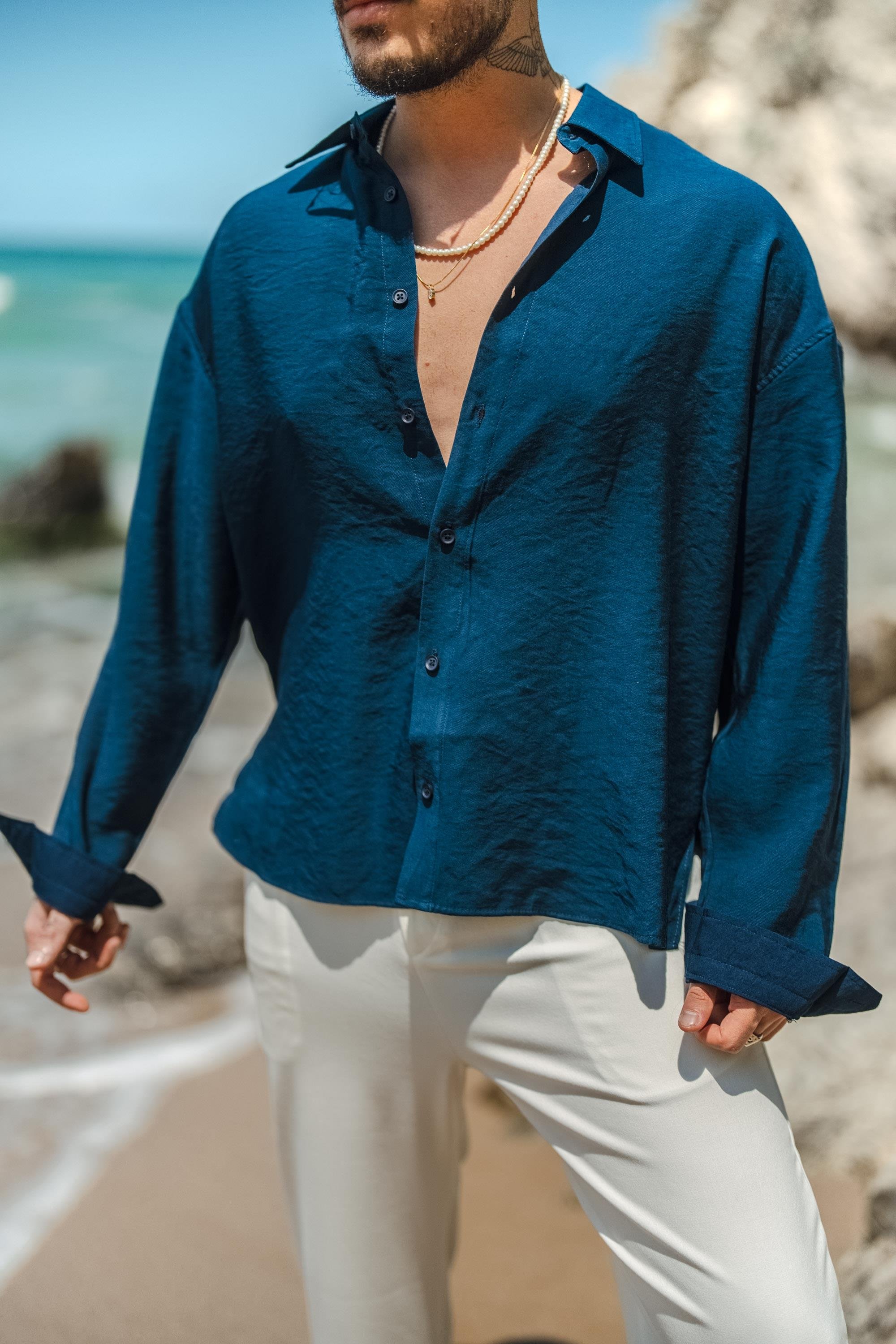 Tensel Kumaş Basic Oversize Gömlek Lacivert