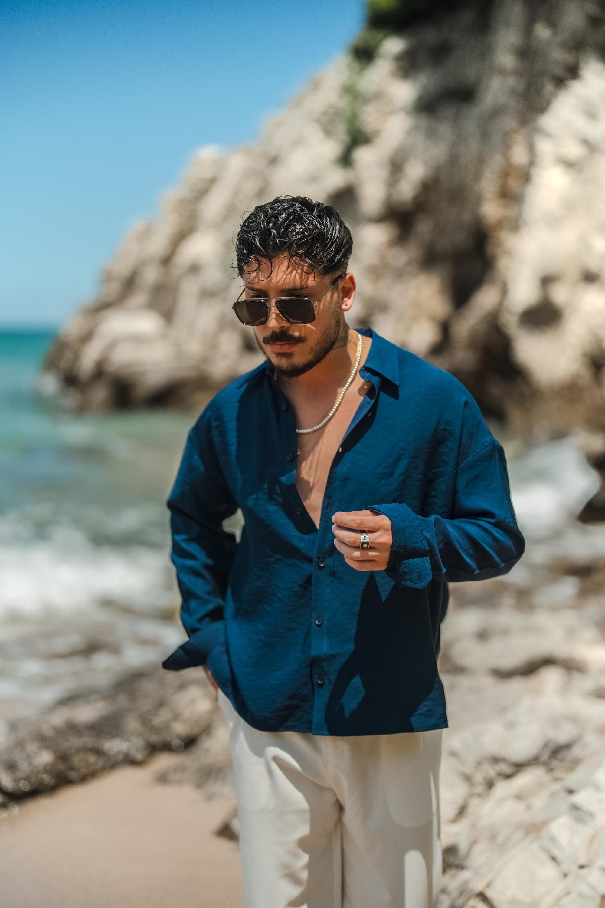 Tensel Kumaş Basic Oversize Gömlek Lacivert