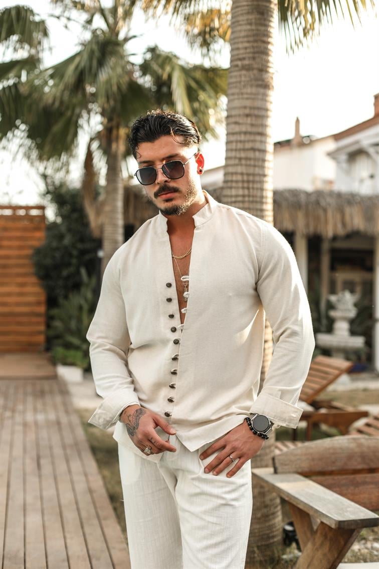 Toka Düğme Detaylı  Regular Fit Gömlek Bej
