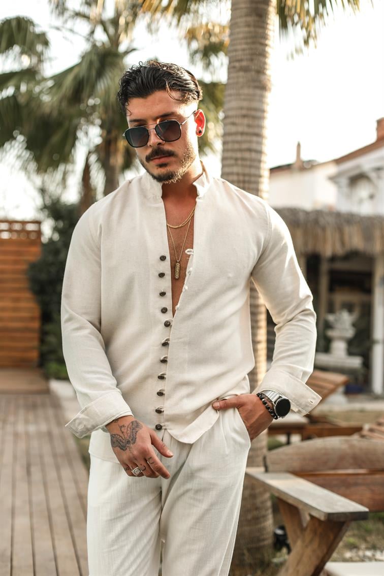 Toka Düğme Detaylı  Regular Fit Gömlek Bej