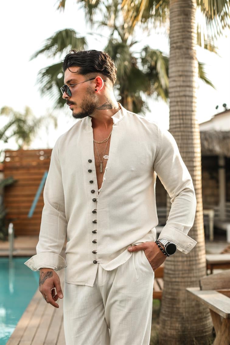 Toka Düğme Detaylı  Regular Fit Gömlek Bej