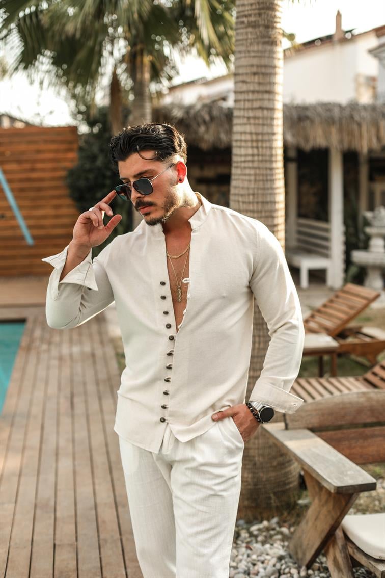 Toka Düğme Detaylı  Regular Fit Gömlek Bej
