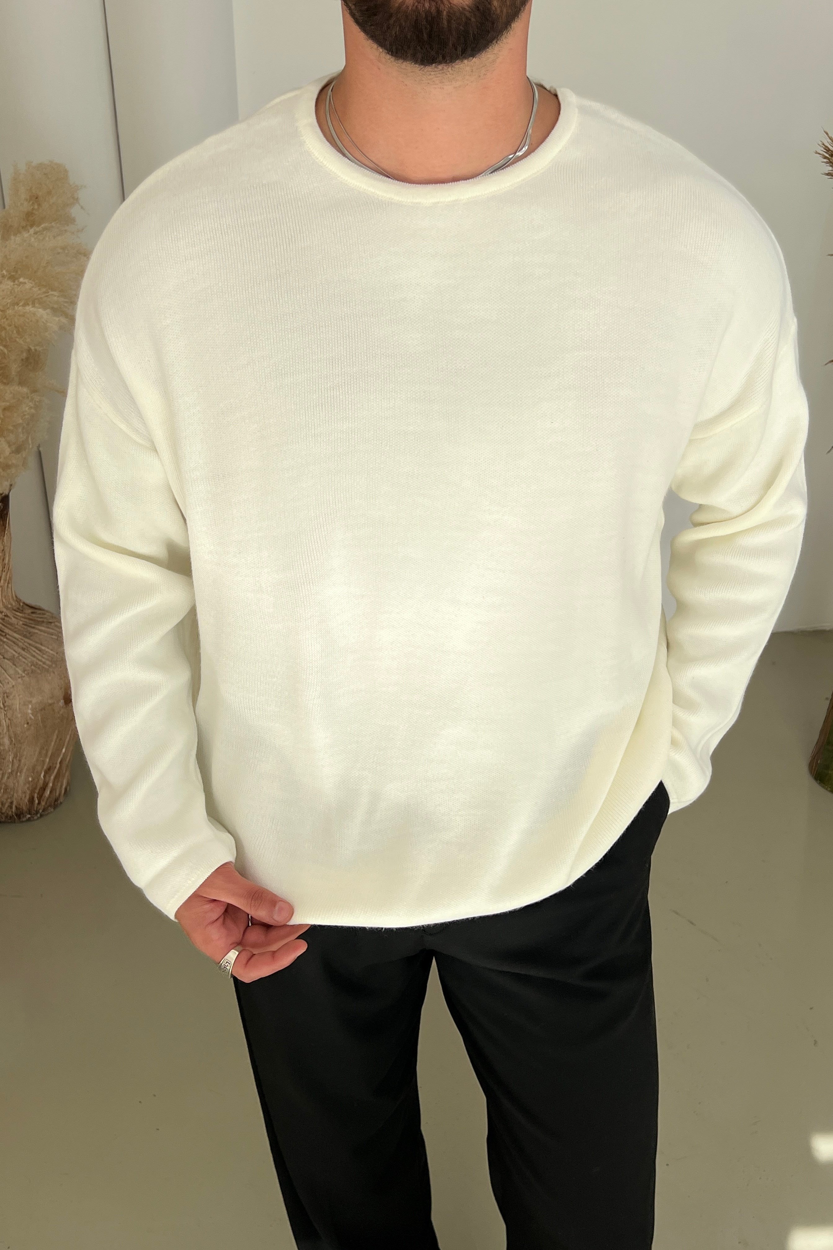 Triko Açık Yaka Oversize Kazak Beyaz
