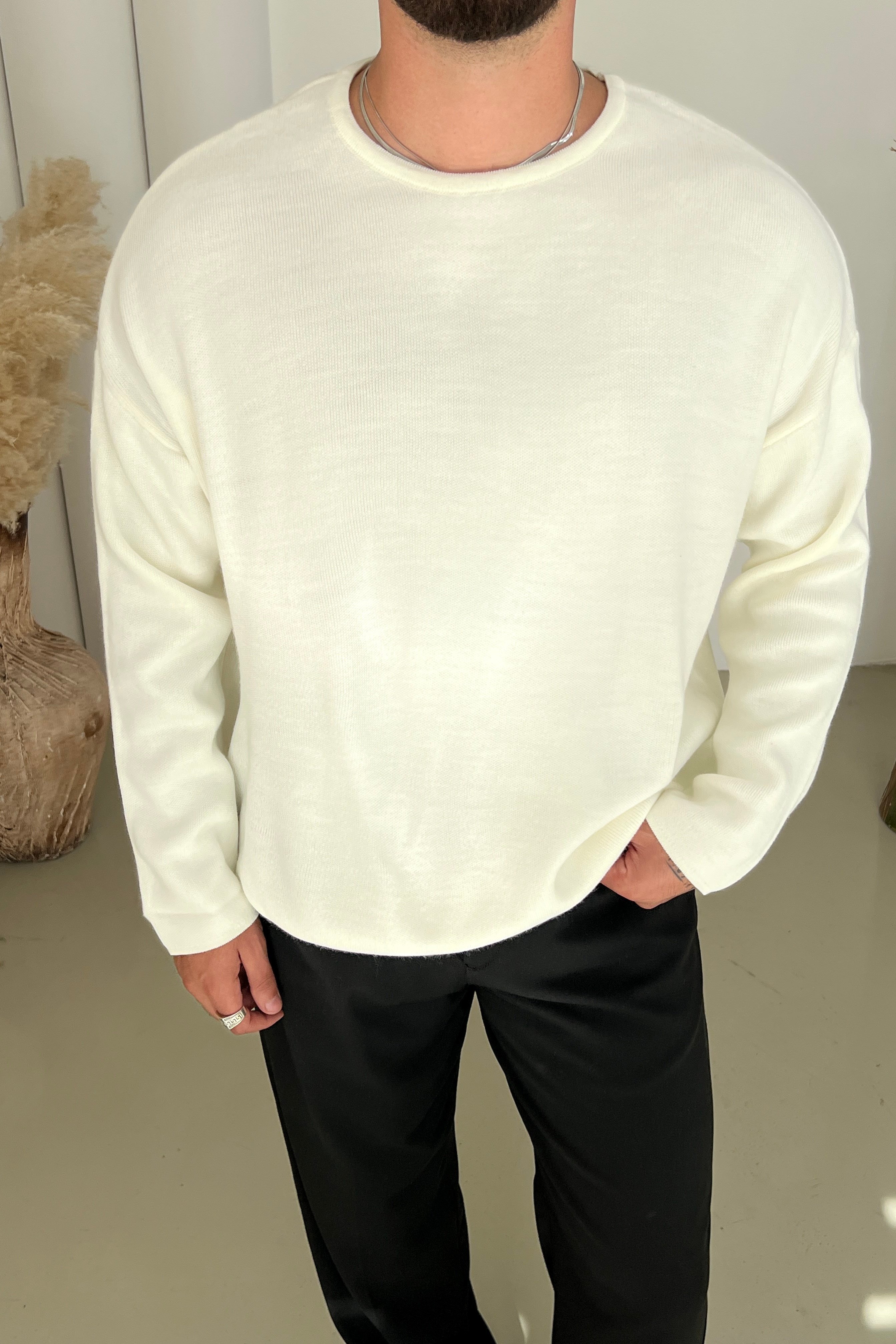 Triko Açık Yaka Oversize Kazak Beyaz