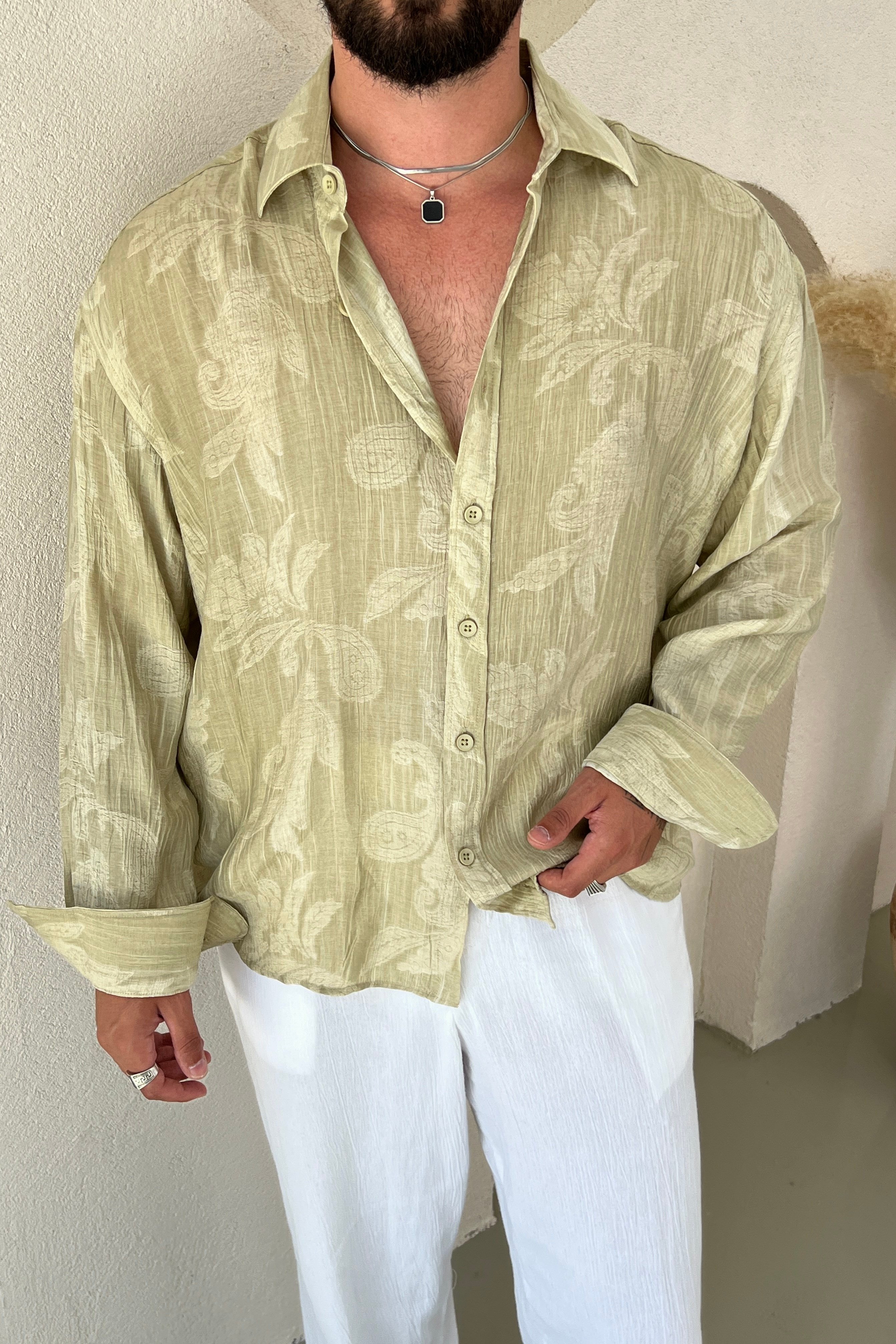 Tril Oversize Kendinden Nakışlı Gömlek Mint
