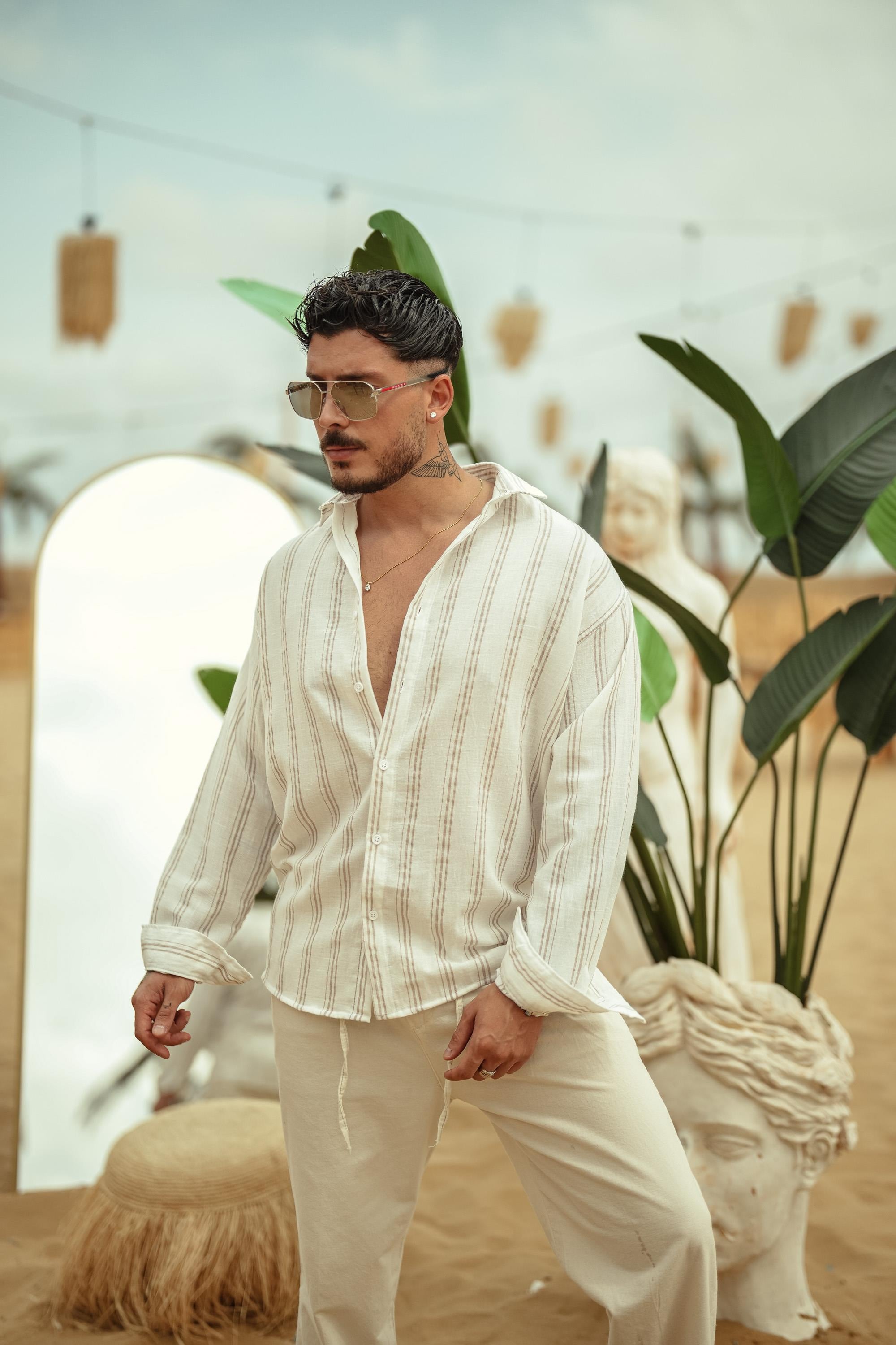 Üç Çizgili Oversize Gömlek Bej