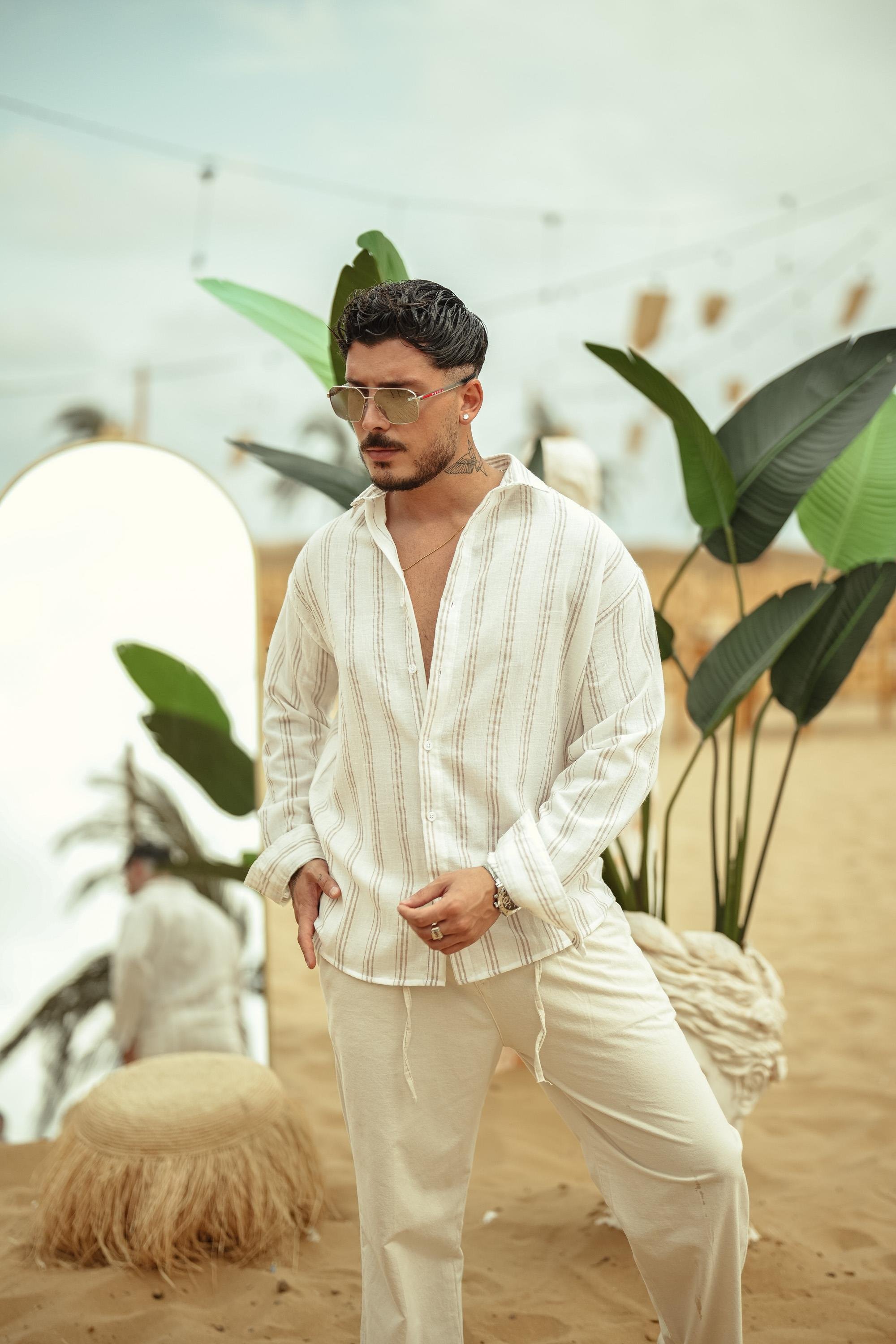Üç Çizgili Oversize Gömlek Bej