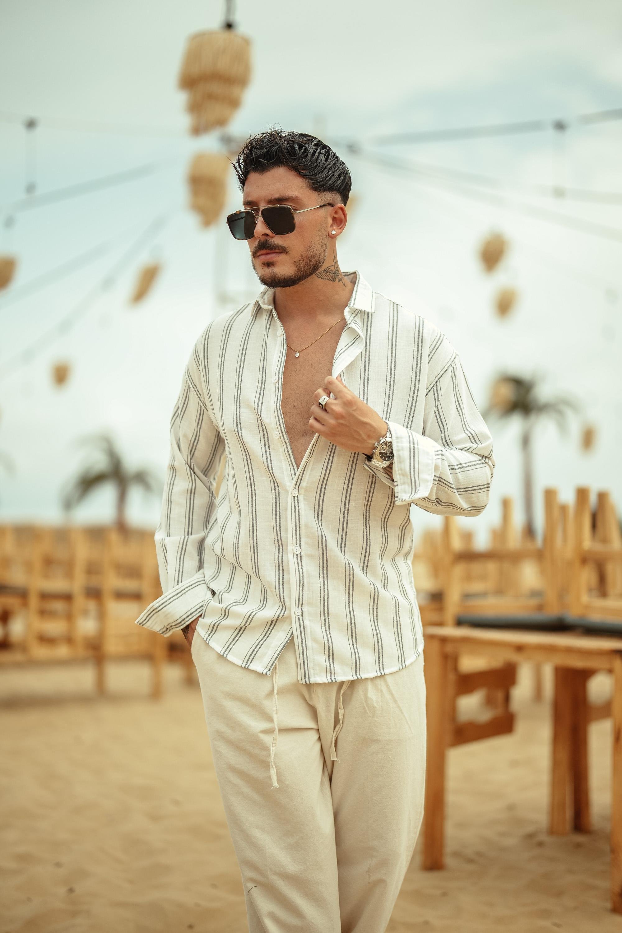 Üç Çizgili Oversize Gömlek Siyah