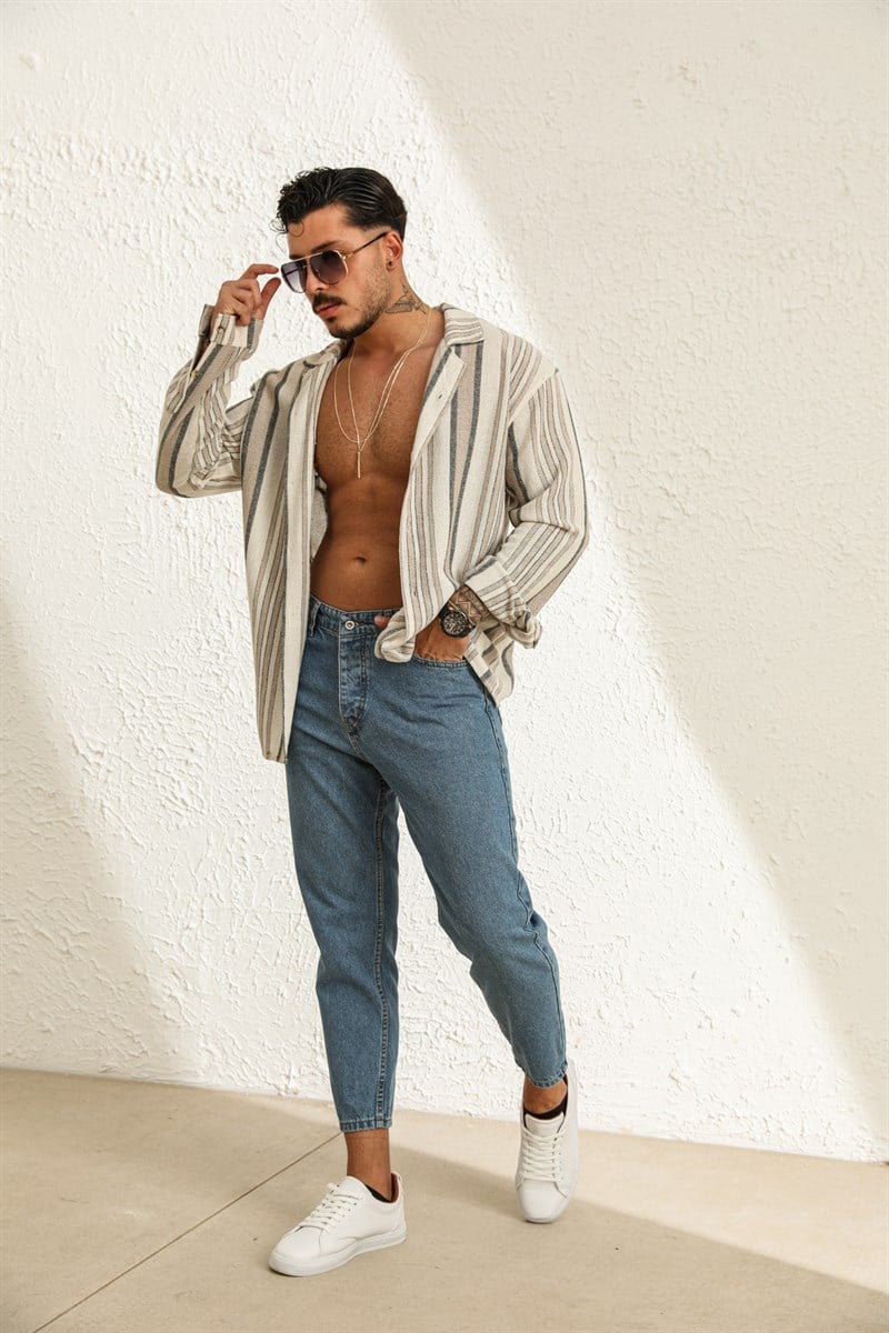 Uzun Kol Çizgili Örme Oversize Gömlek