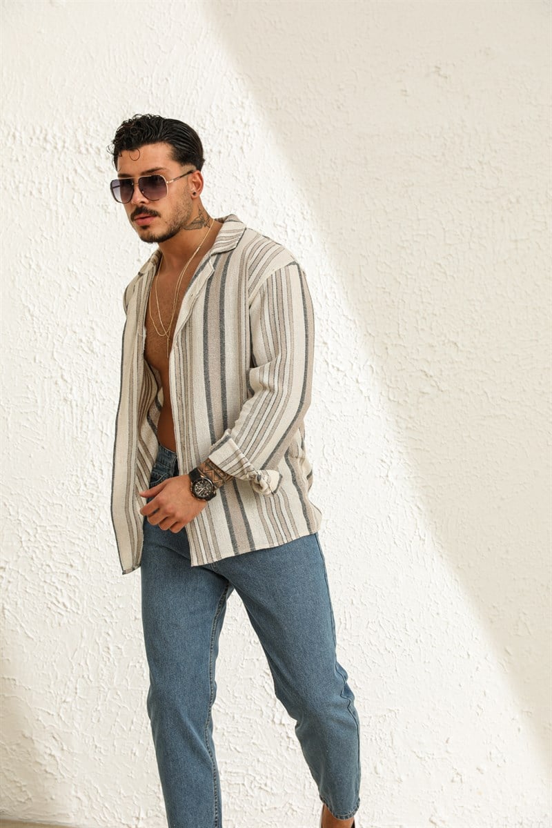 Uzun Kol Çizgili Örme Oversize Gömlek