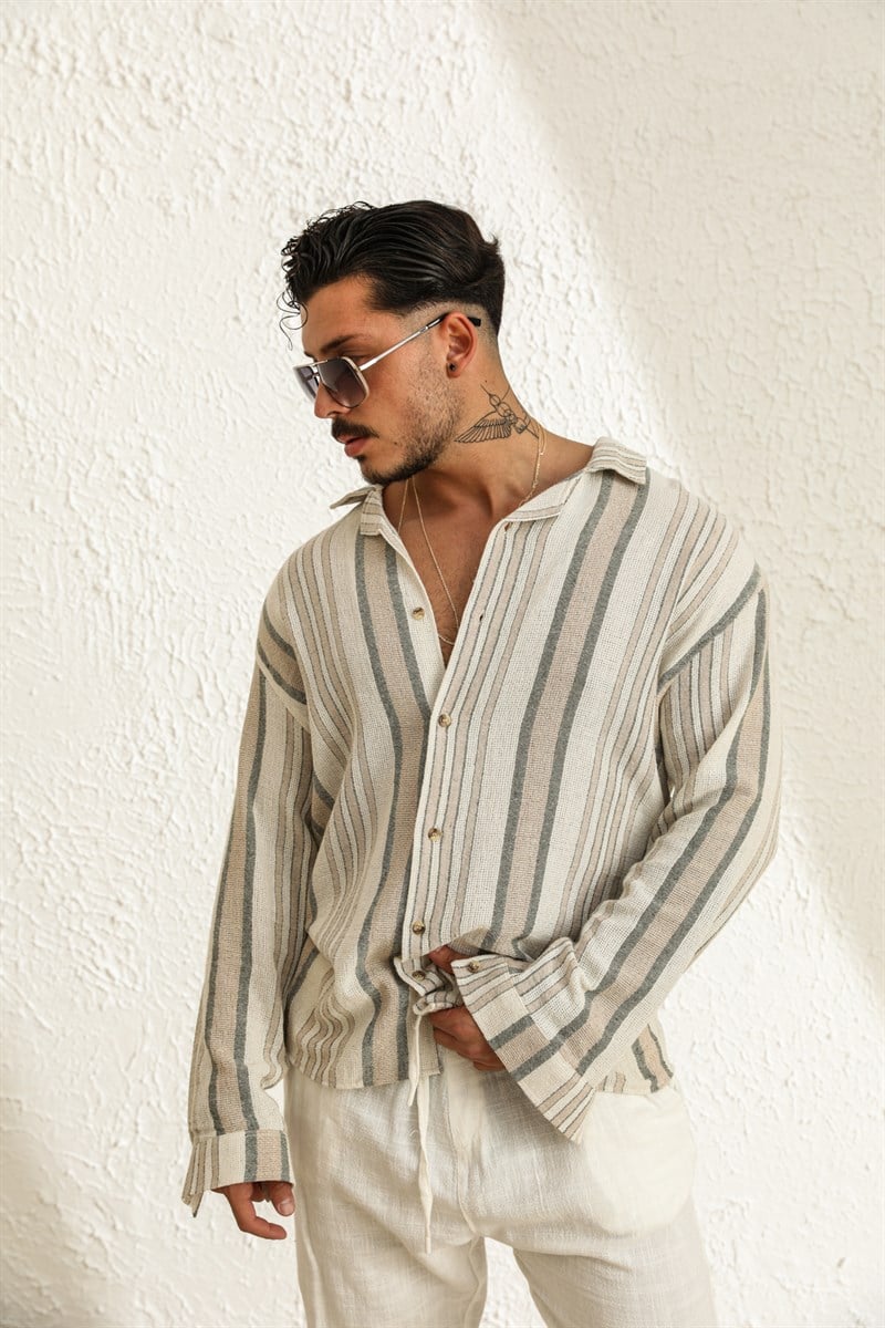 Uzun Kol Çizgili Örme Oversize Gömlek