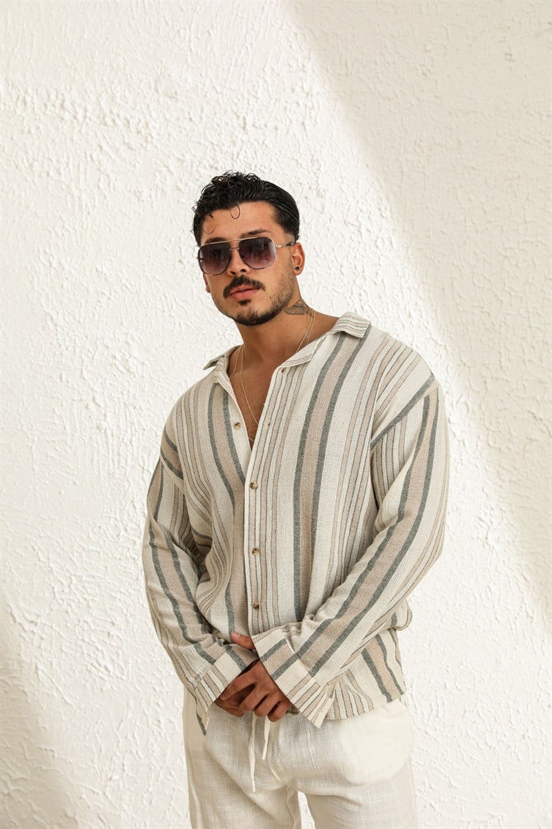 Uzun Kol Çizgili Örme Oversize Gömlek