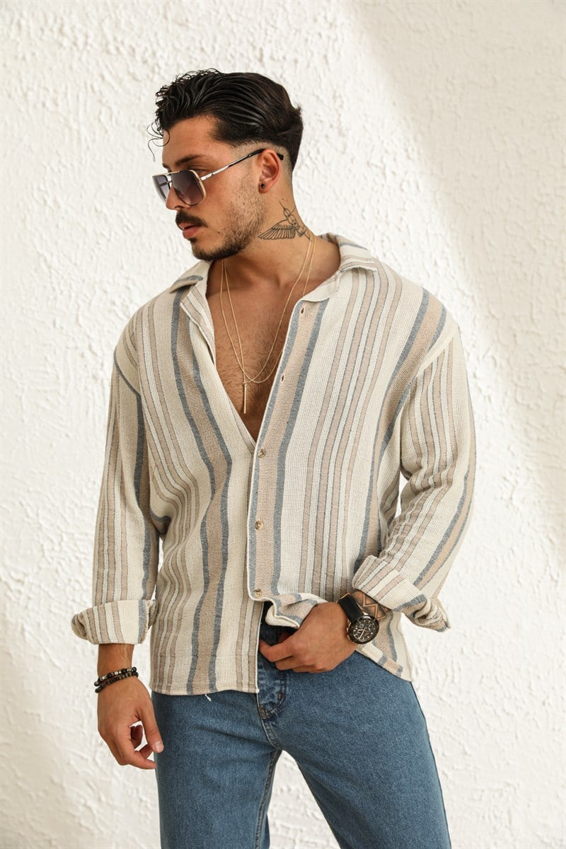 Uzun Kol Çizgili Örme Oversize Gömlek