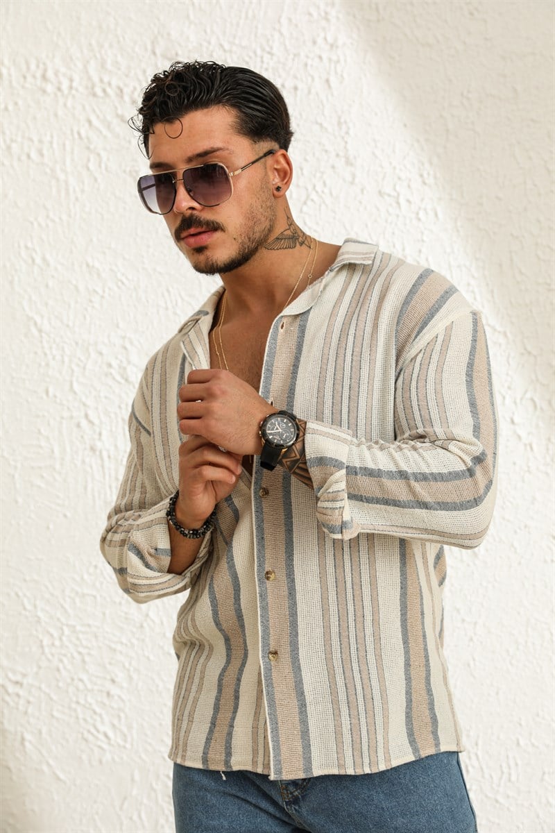 Uzun Kol Çizgili Örme Oversize Gömlek