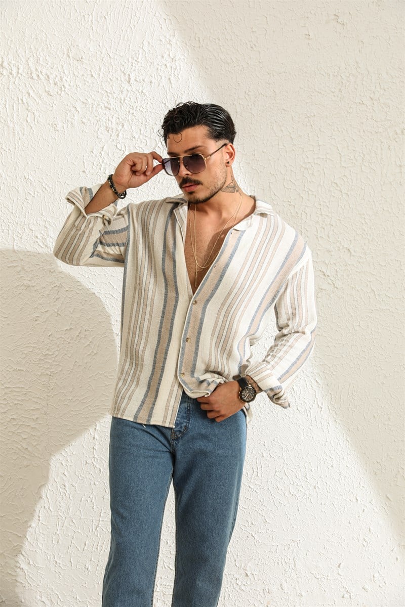 Uzun Kol Çizgili Örme Oversize Gömlek