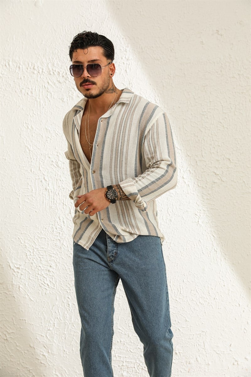 Uzun Kol Çizgili Örme Oversize Gömlek