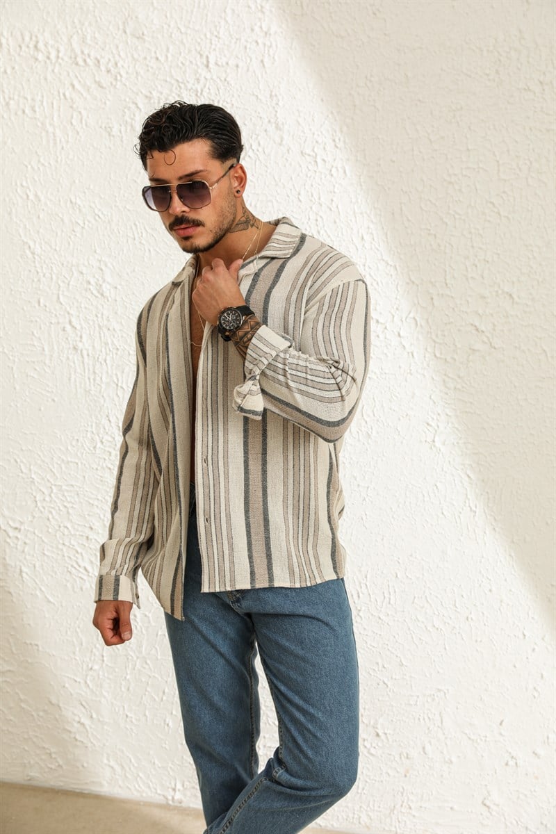 Uzun Kol Çizgili Örme Oversize Gömlek