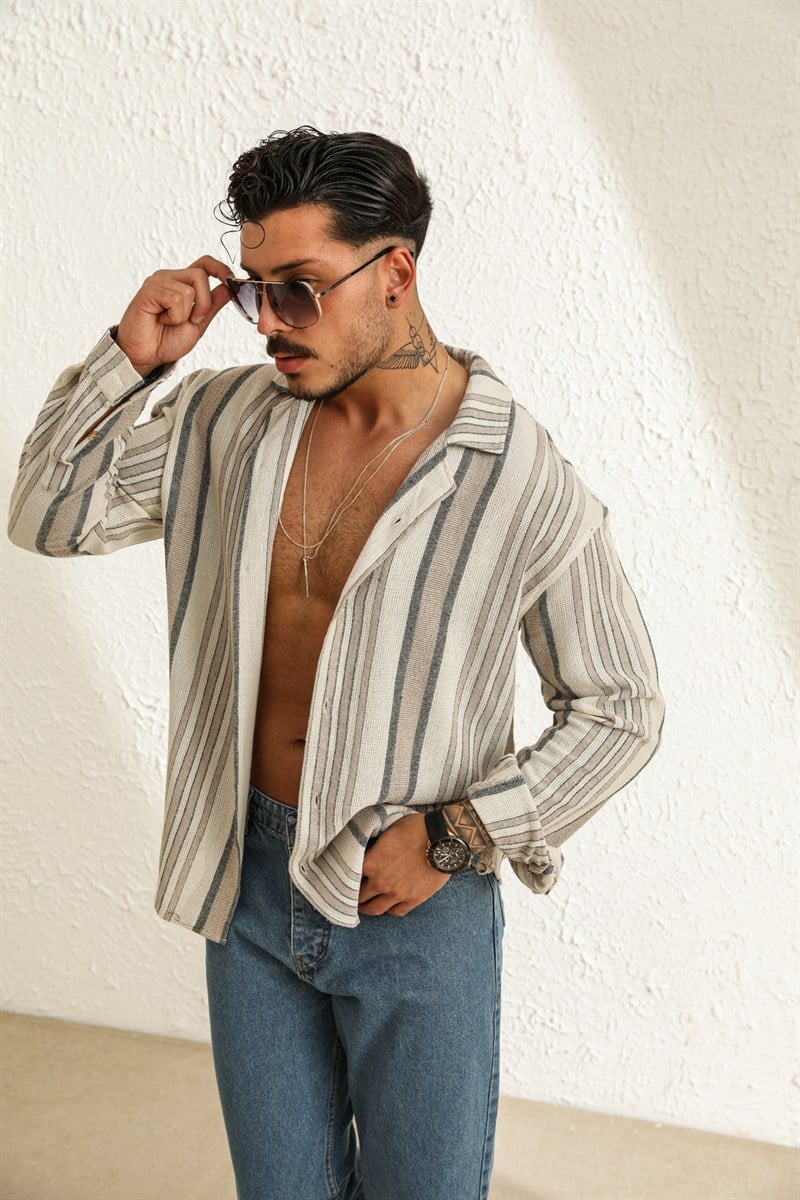 Uzun Kol Çizgili Örme Oversize Gömlek
