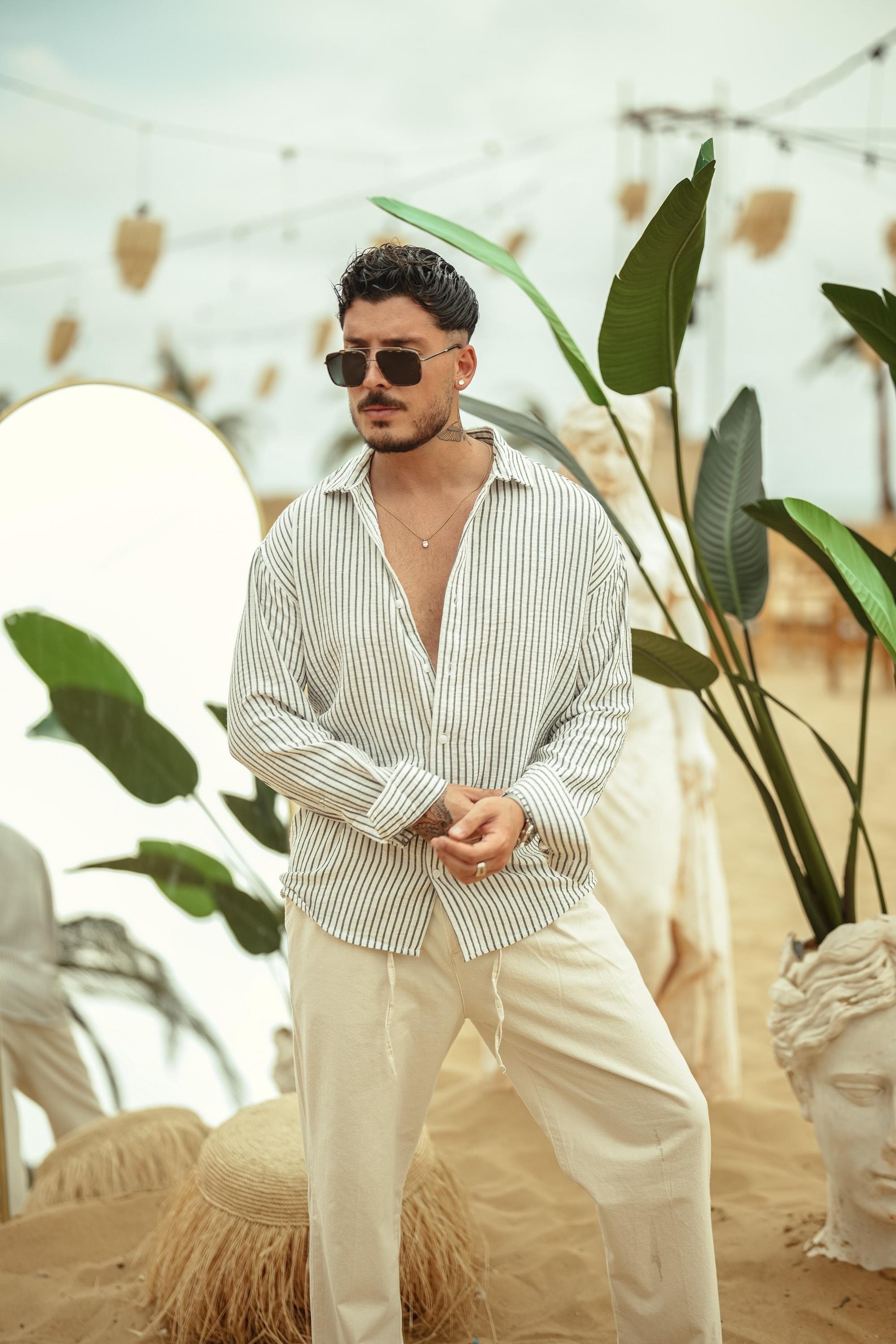Uzun Kol Çizgili Oversize Gömlek Beyaz