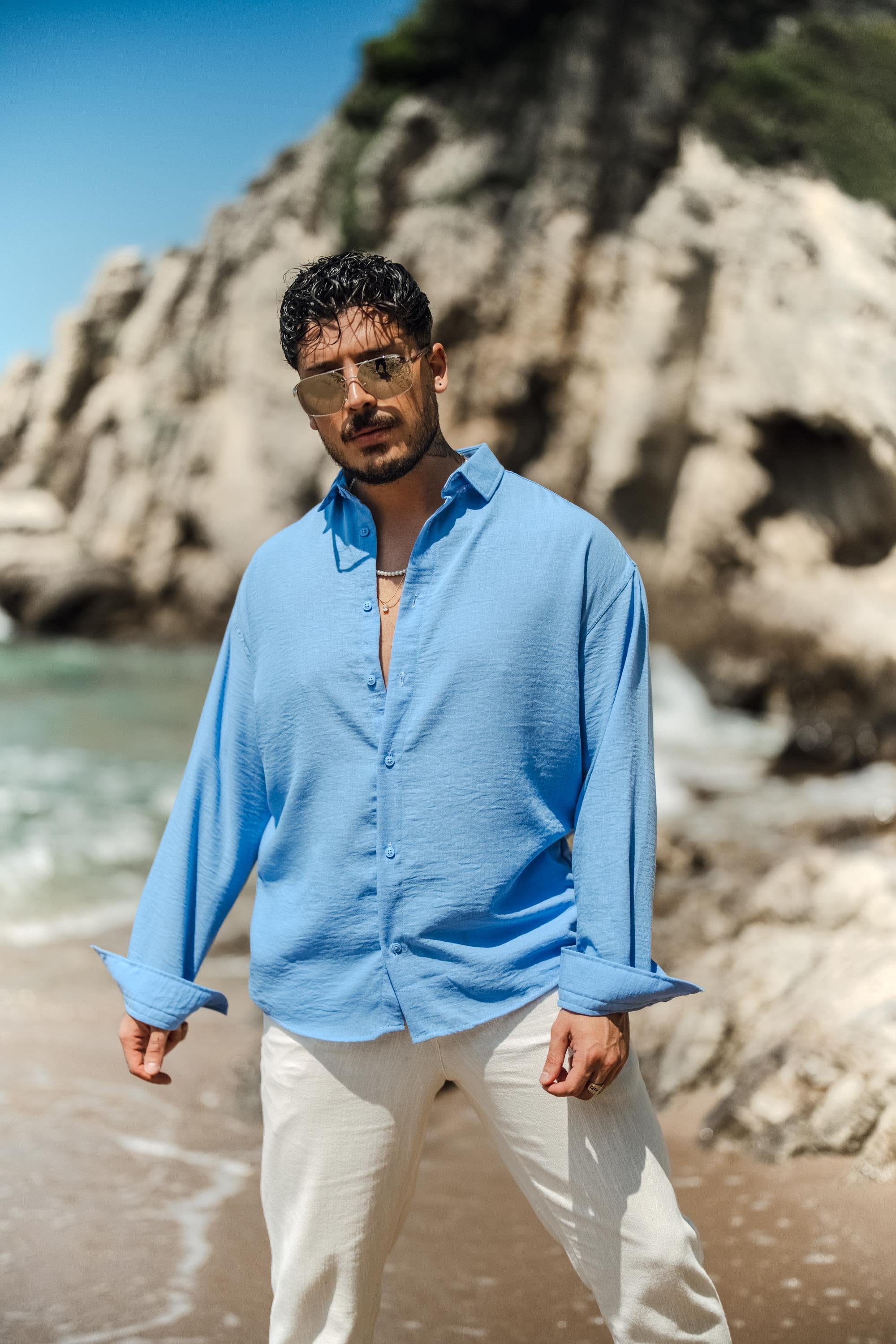 Uzun Kollu Keten Oversize Gömlek Açık Mavi