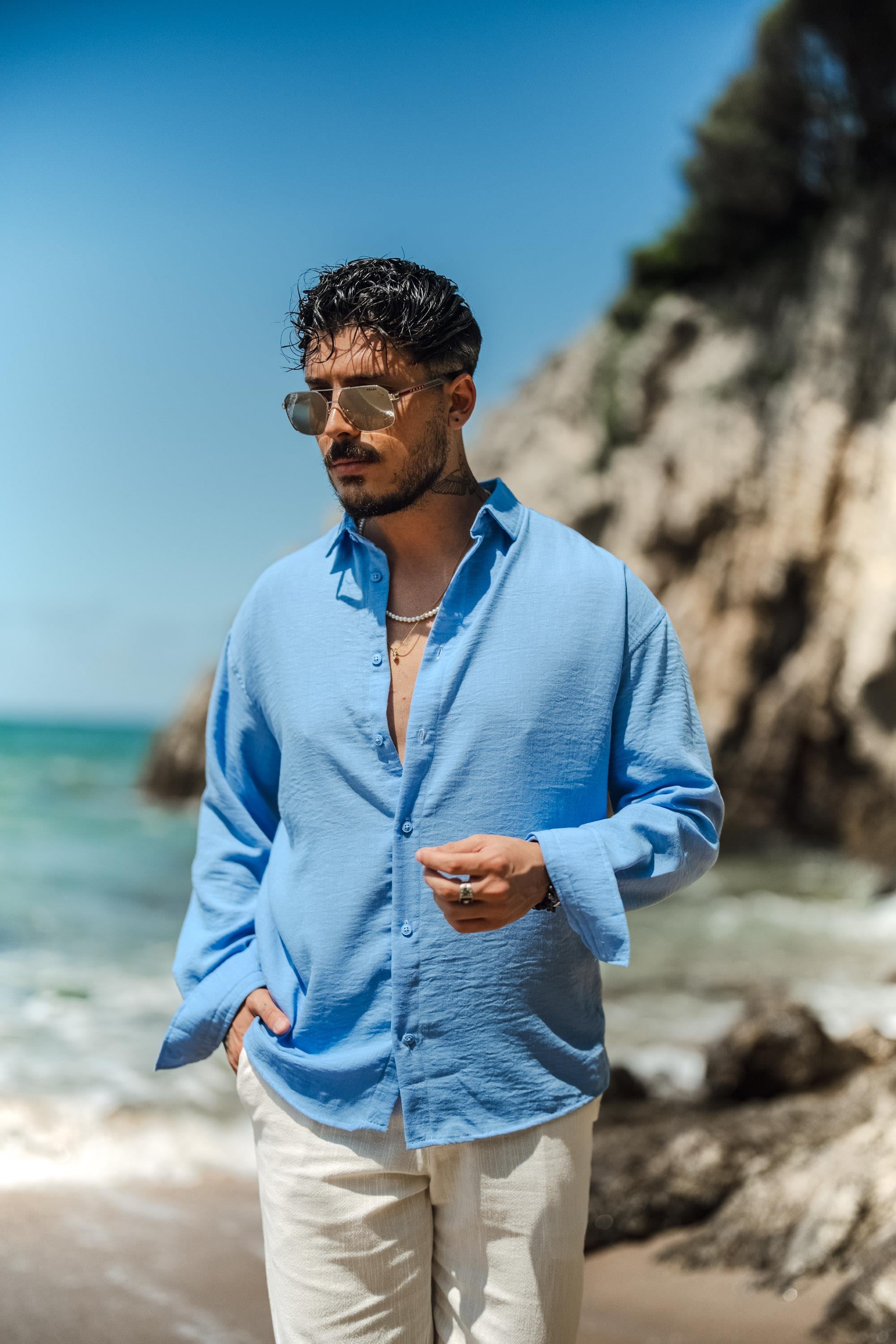 Uzun Kollu Keten Oversize Gömlek Açık Mavi