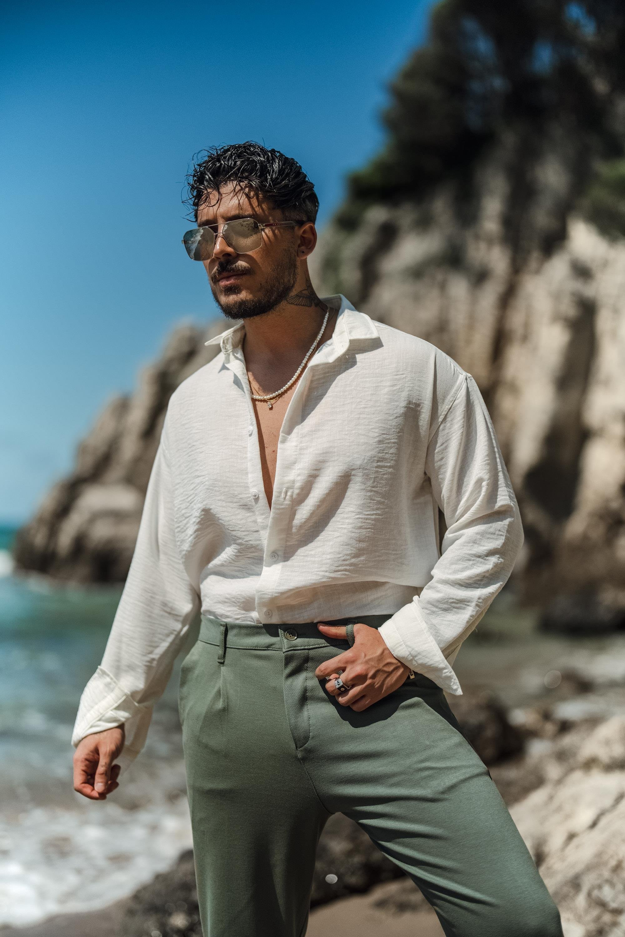 Uzun Kollu Keten Oversize Gömlek Beyaz