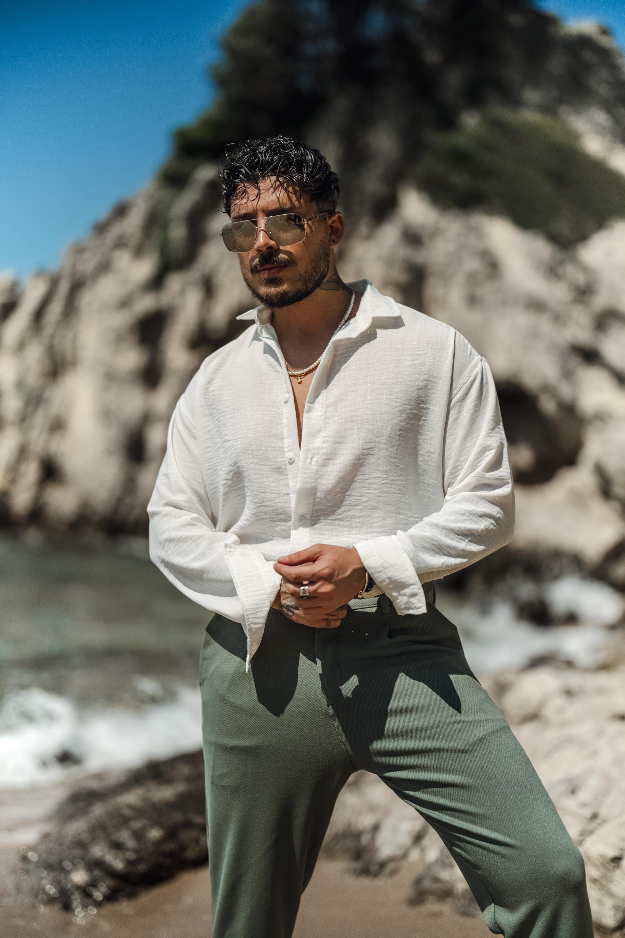 Uzun Kollu Keten Oversize Gömlek Beyaz