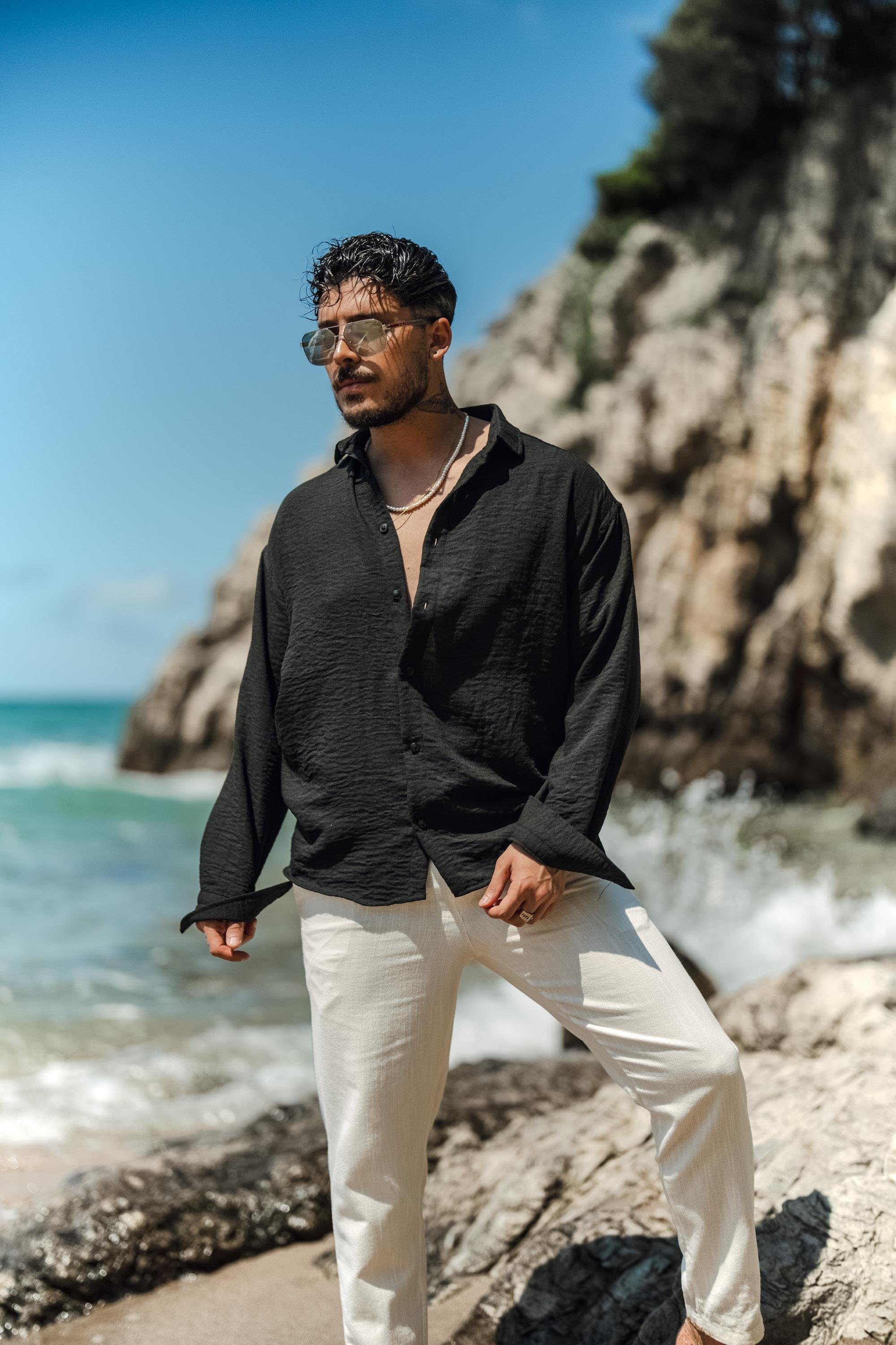 Uzun Kollu Keten Oversize Gömlek Siyah