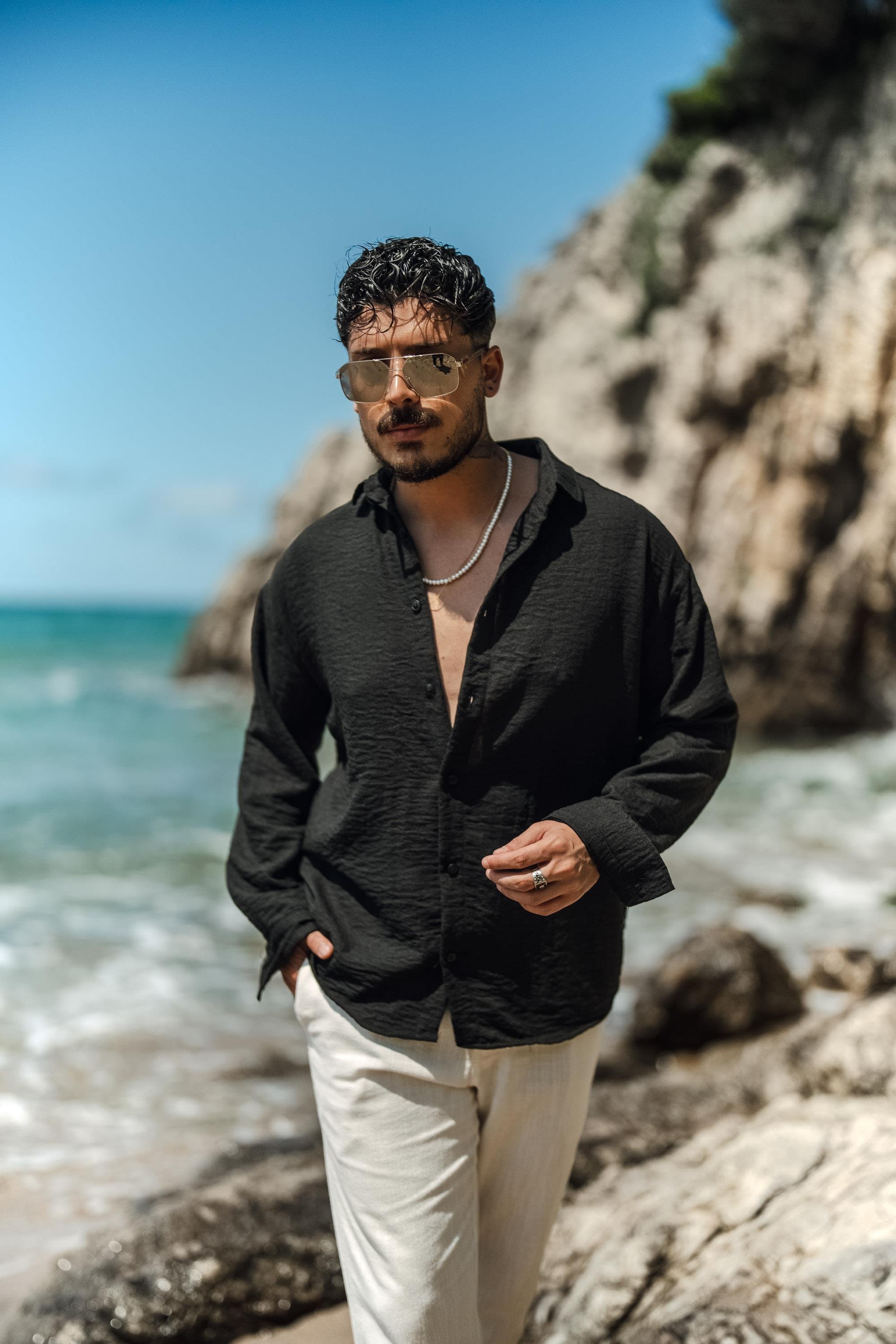 Uzun Kollu Keten Oversize Gömlek Siyah