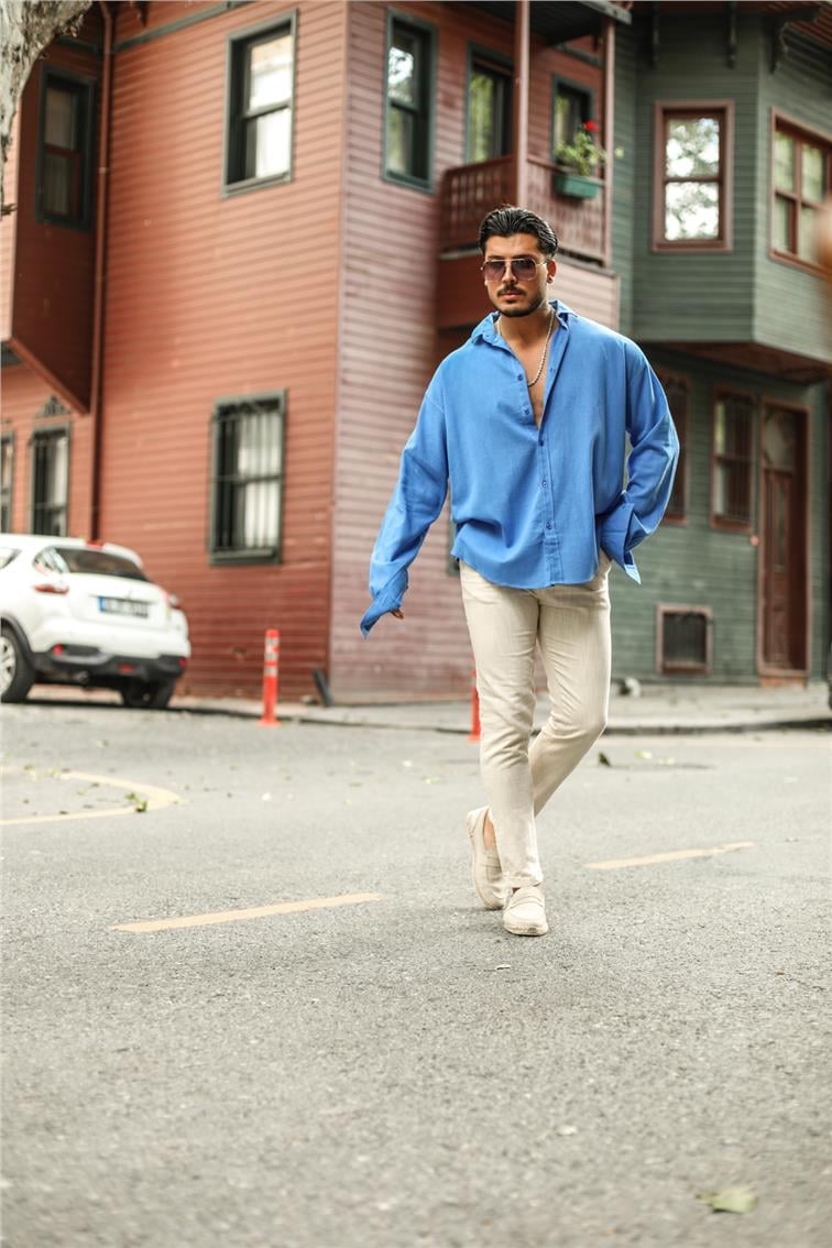 Uzun Kollu Oversize Gömlek Koyu Mavi