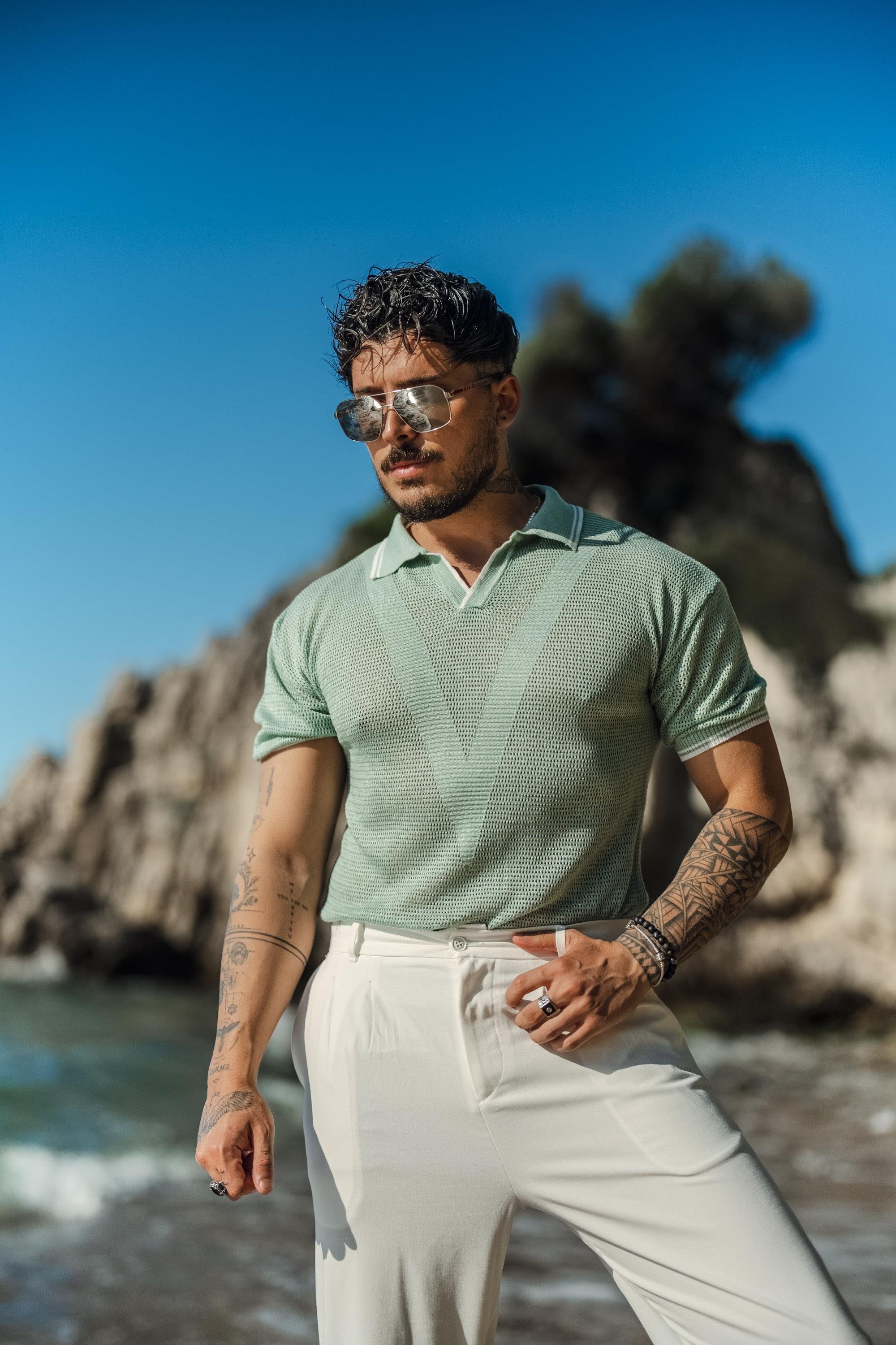 V Örgülü Polo Yaka T-Shirt Mint