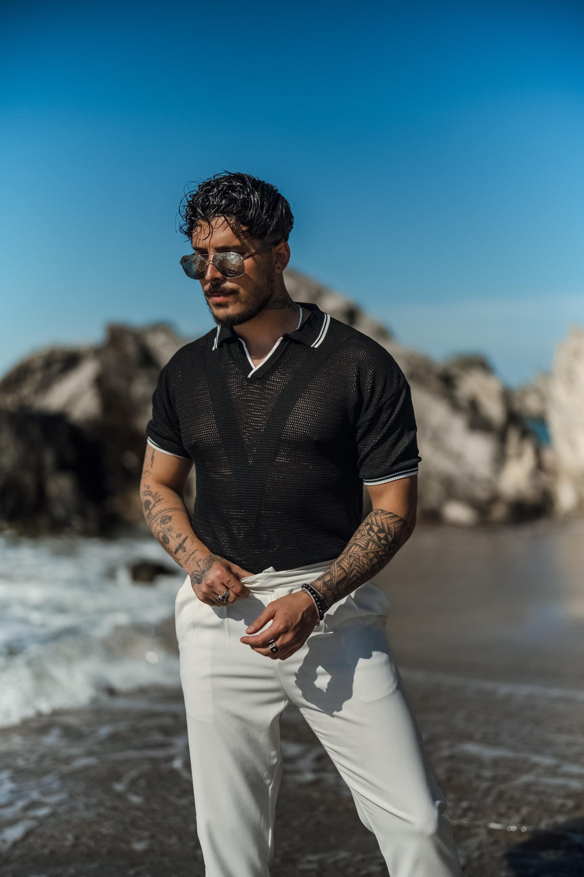 V Örgülü Polo Yaka T-Shirt Siyah