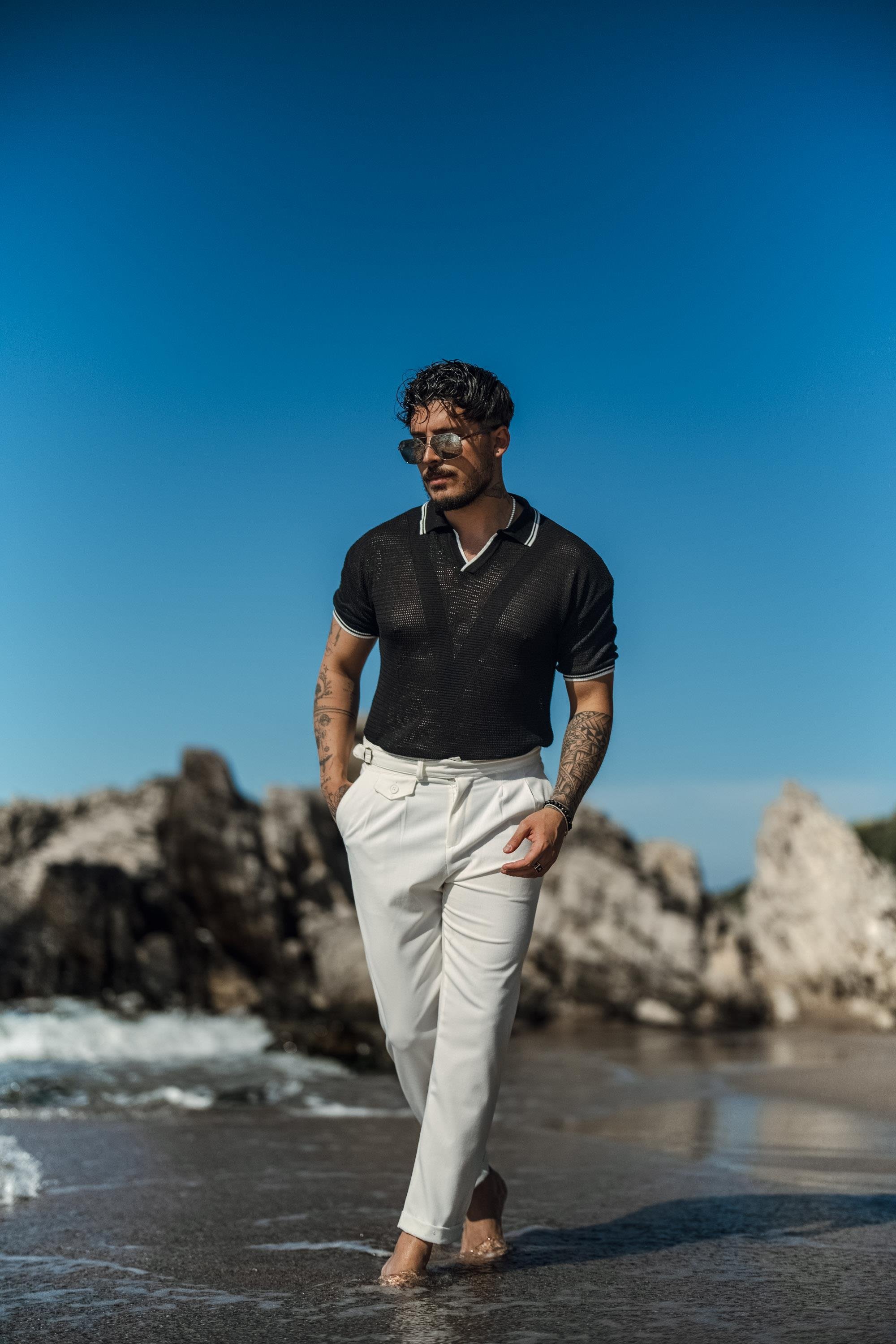 V Örgülü Polo Yaka T-Shirt Siyah