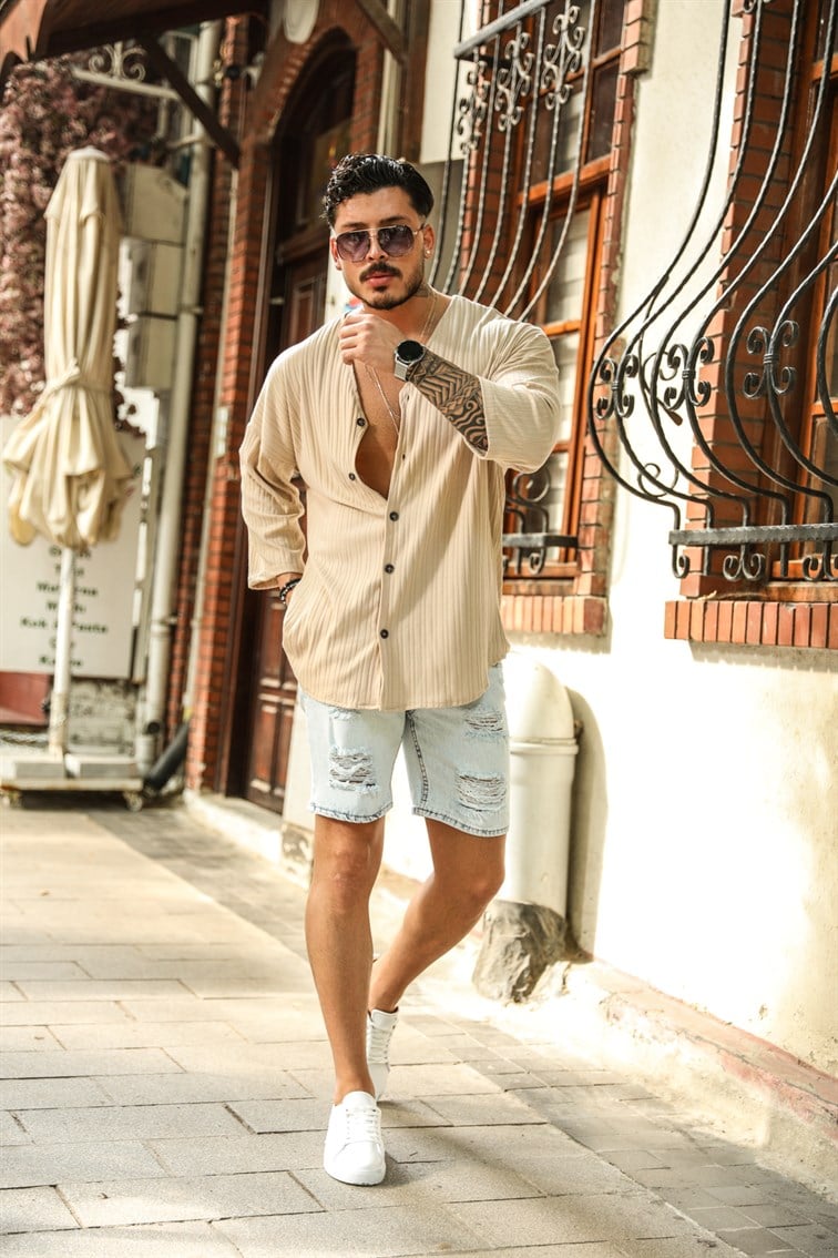 V Yaka Oversize Fakir Kol Gömlek