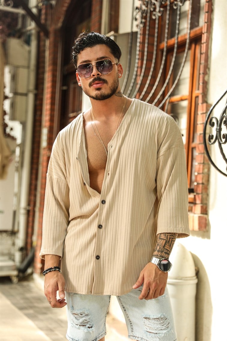 V Yaka Oversize Fakir Kol Gömlek