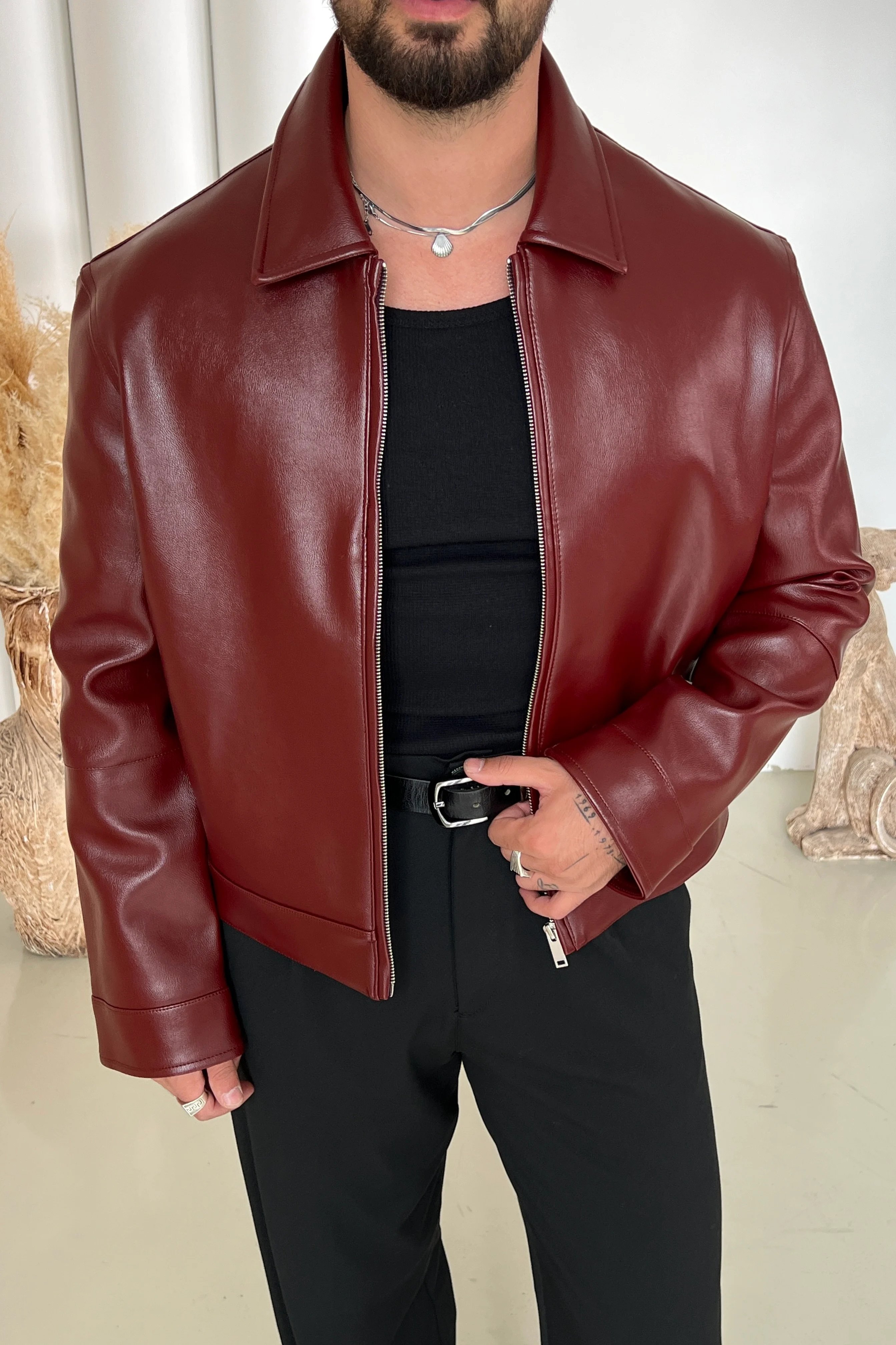 Vintage Box Fit Basic Deri Ceket Bordo