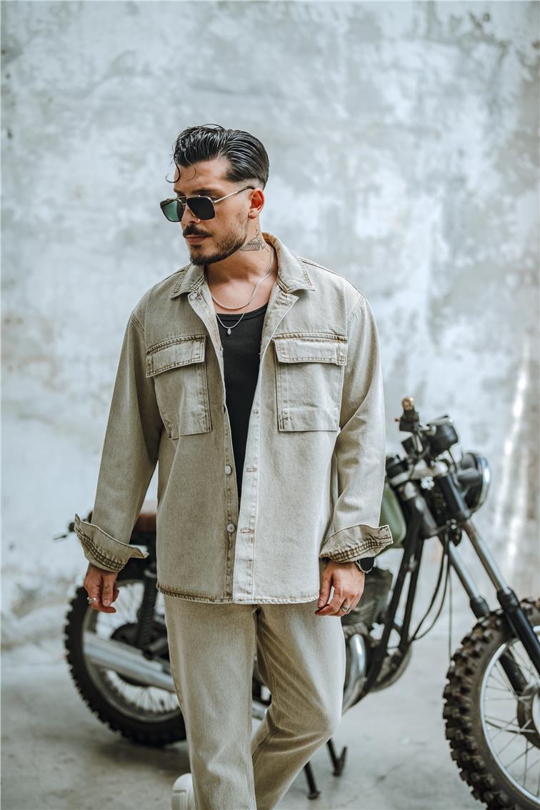 Vintage Yıkamalı Denim Oversize Ceket Yıkamalı Bej