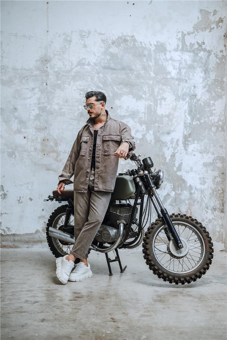 Vintage Yıkamalı Denim Oversize Ceket Yıkamalı Kahve