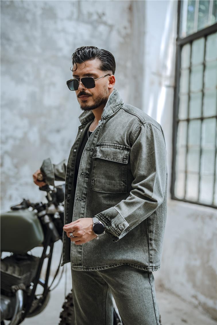 Vintage Yıkamalı Denim Oversize Ceket Yıkamalı Haki