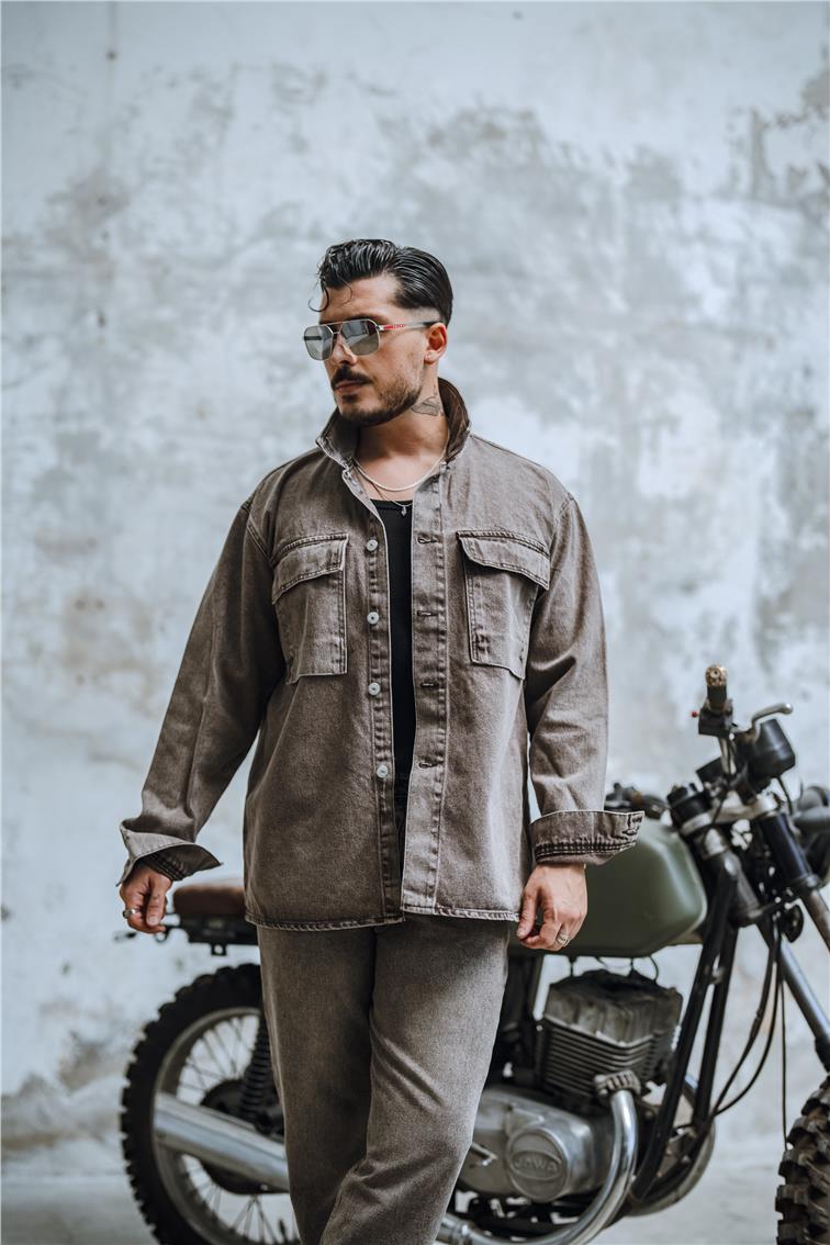 Vintage Yıkamalı Denim Oversize Ceket Yıkamalı Kahve