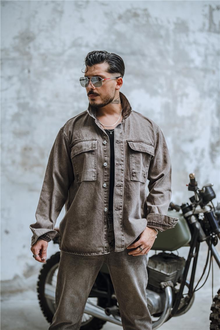 Vintage Yıkamalı Denim Oversize Ceket Yıkamalı Kahve