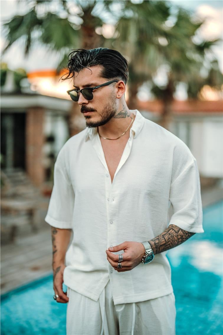 Vual Kumaş Oversize Gömlek Beyaz