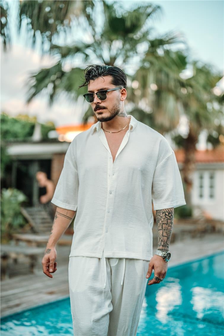 Vual Kumaş Oversize Gömlek Beyaz
