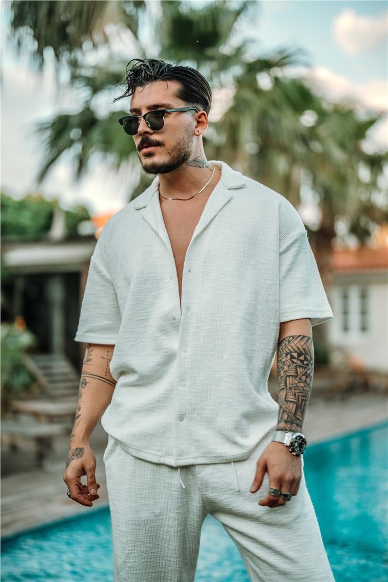 Waffle Oversize Gömlek Beyaz